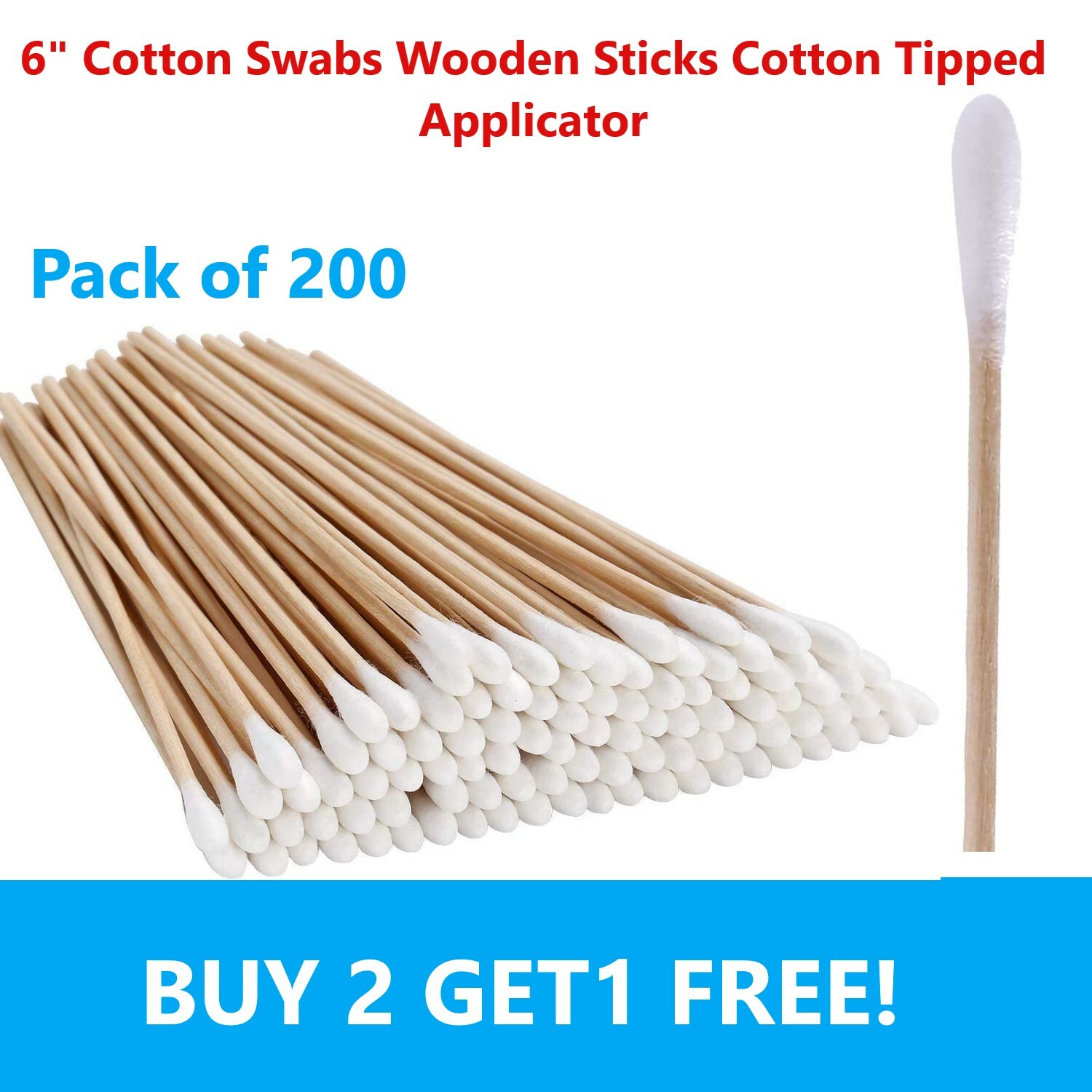 BUY 2 GET 1 FREE! 200 Ps Cotton Swab Applicator Q-tip Swabs 6″ Long Wood Handle