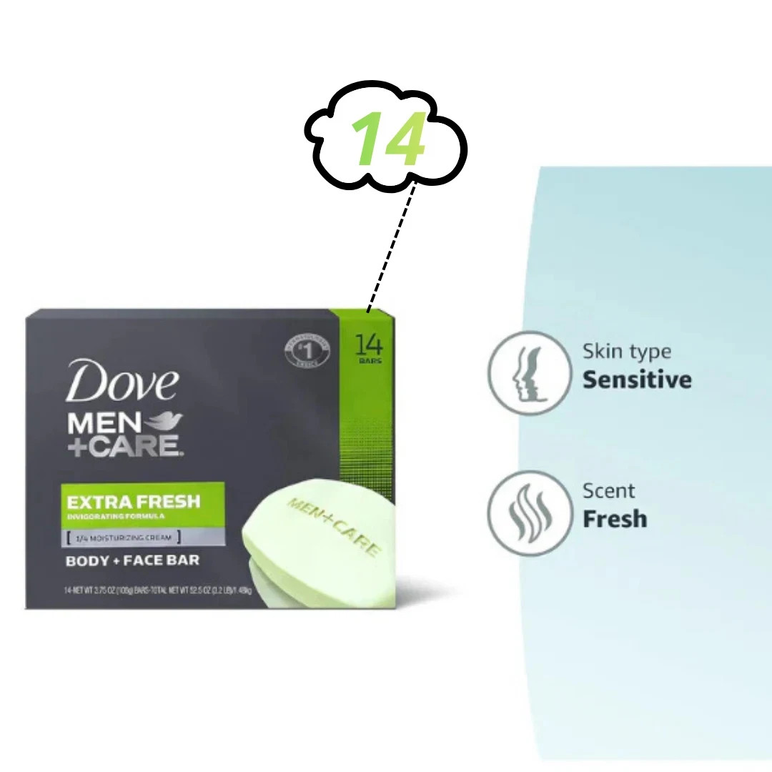 DOVE MEN + CARE Bar 3 in 1 Cleanser for Body Face and Shaving 3.75 oz 14 Bars