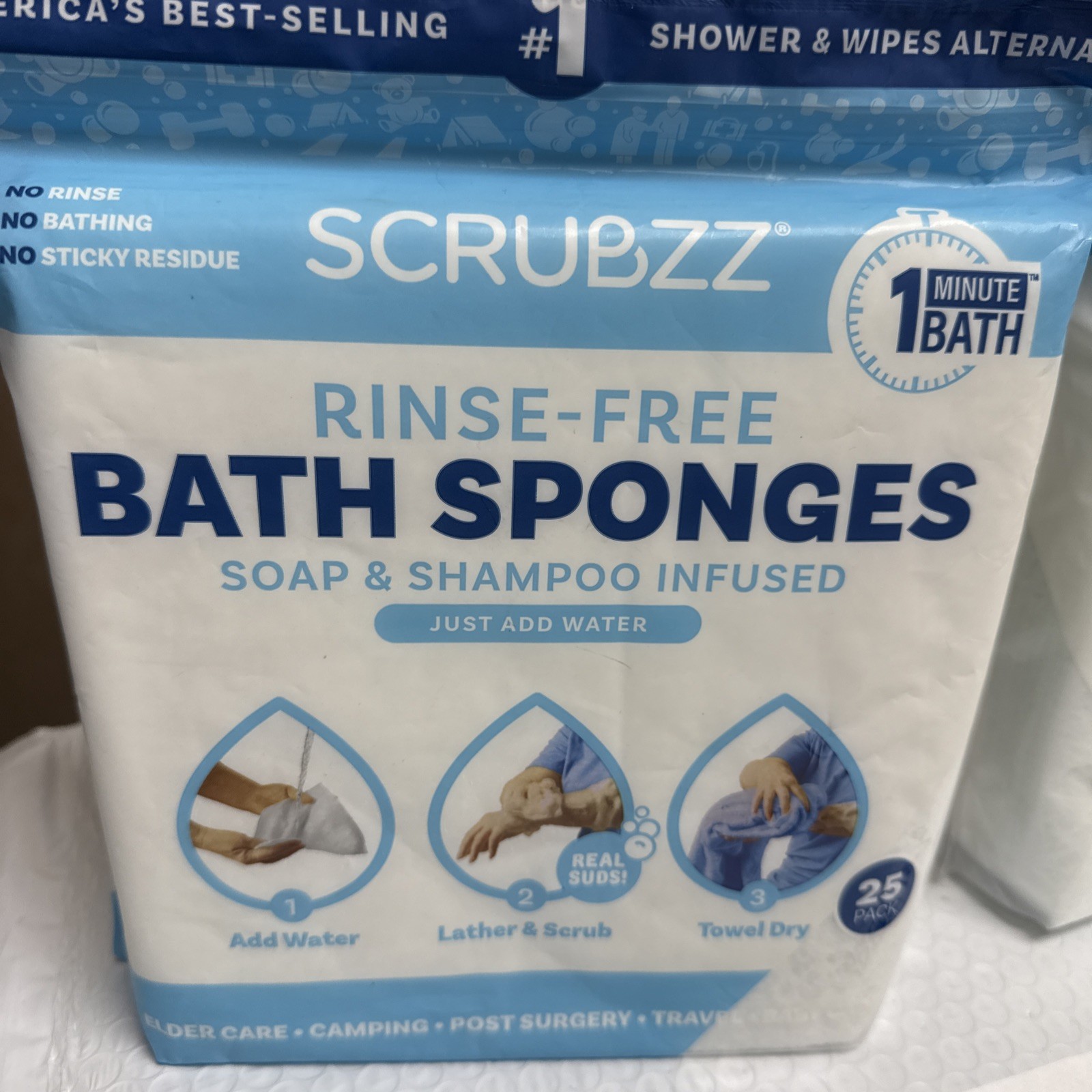 Scrubzz Bath Alternative Rinse Free Bath Sponges – SET OF 2 (25 Each Total 50)