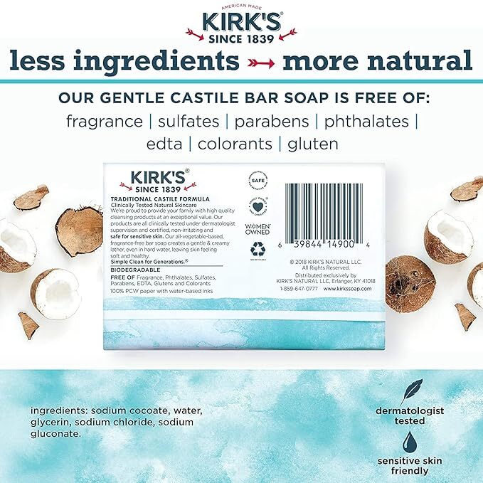 Kirk’s Original Coco Castile Soap Fragrance Free 4 oz pack of 24