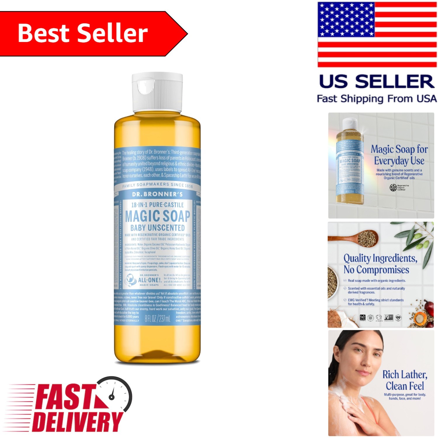 Unscented 8 Oz Pure Castile Soap – Baby Wash for Sensitive Cleansing
