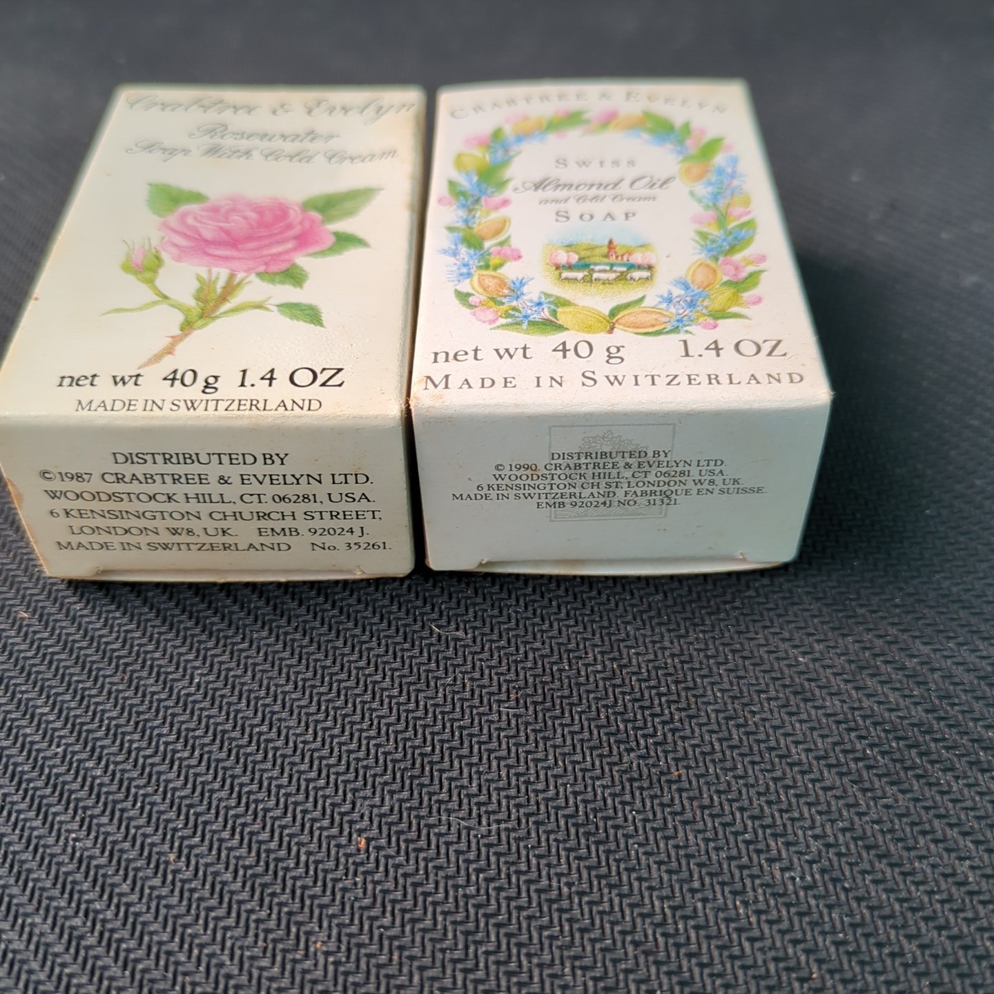 Crabtree & Evelyn Vintage Soap 1.4 Oz 1 1987 Rose Water & 1 1990 Swiss Almond