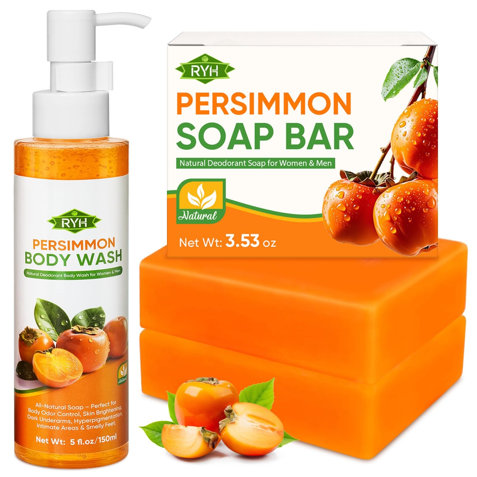 RYH 2 PCS Persimmon Soap Bar and Persimmon Body Wash for Body Odor Control, N…