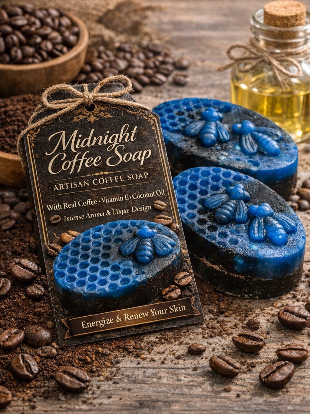 Midnight Coffee Soap Bee Honeycomb Artisan Body Bar Coffee Scent Blue Black