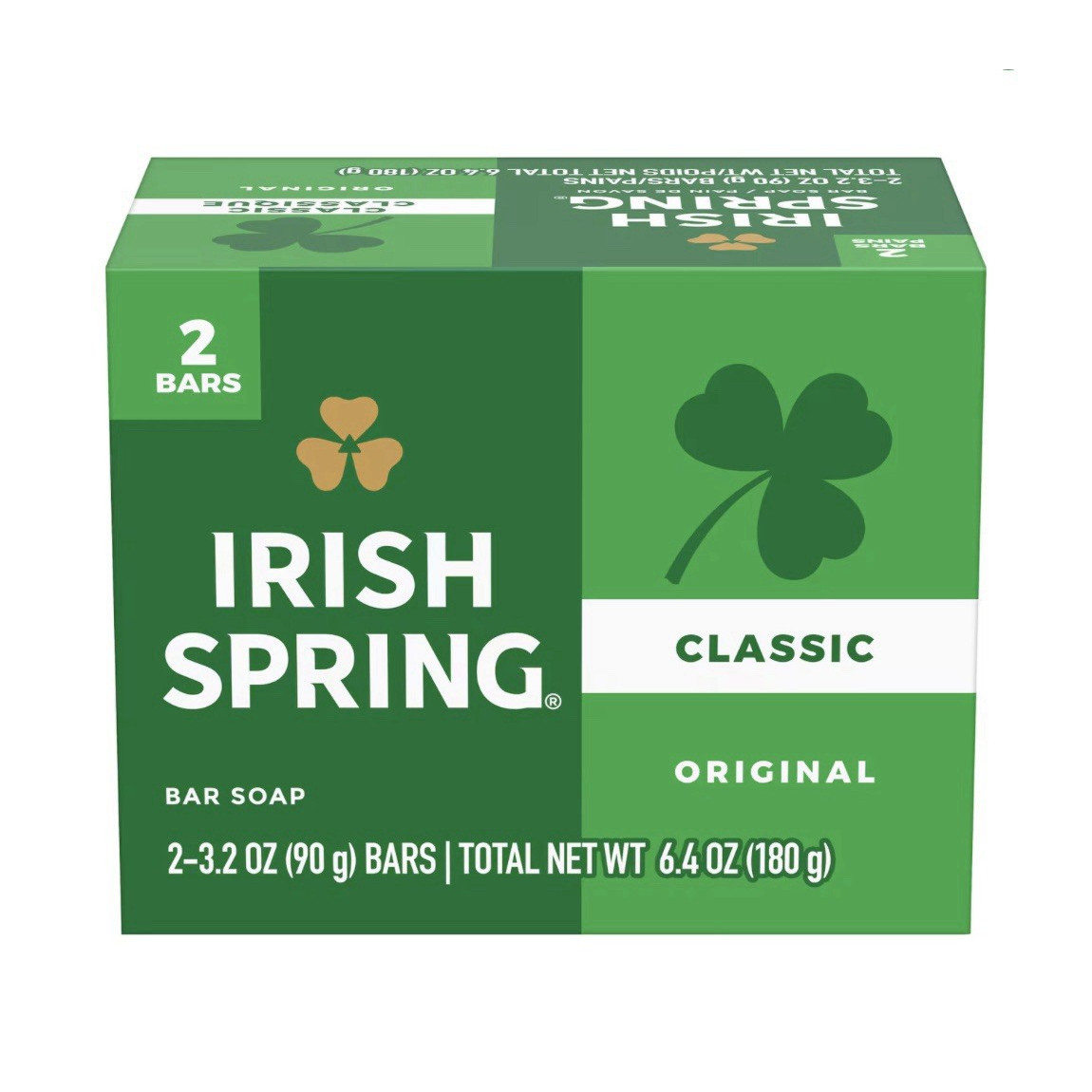 Irish Spring Classic Original Bar Soap 2 Bars 3.2 oz Each Total 6.4 oz