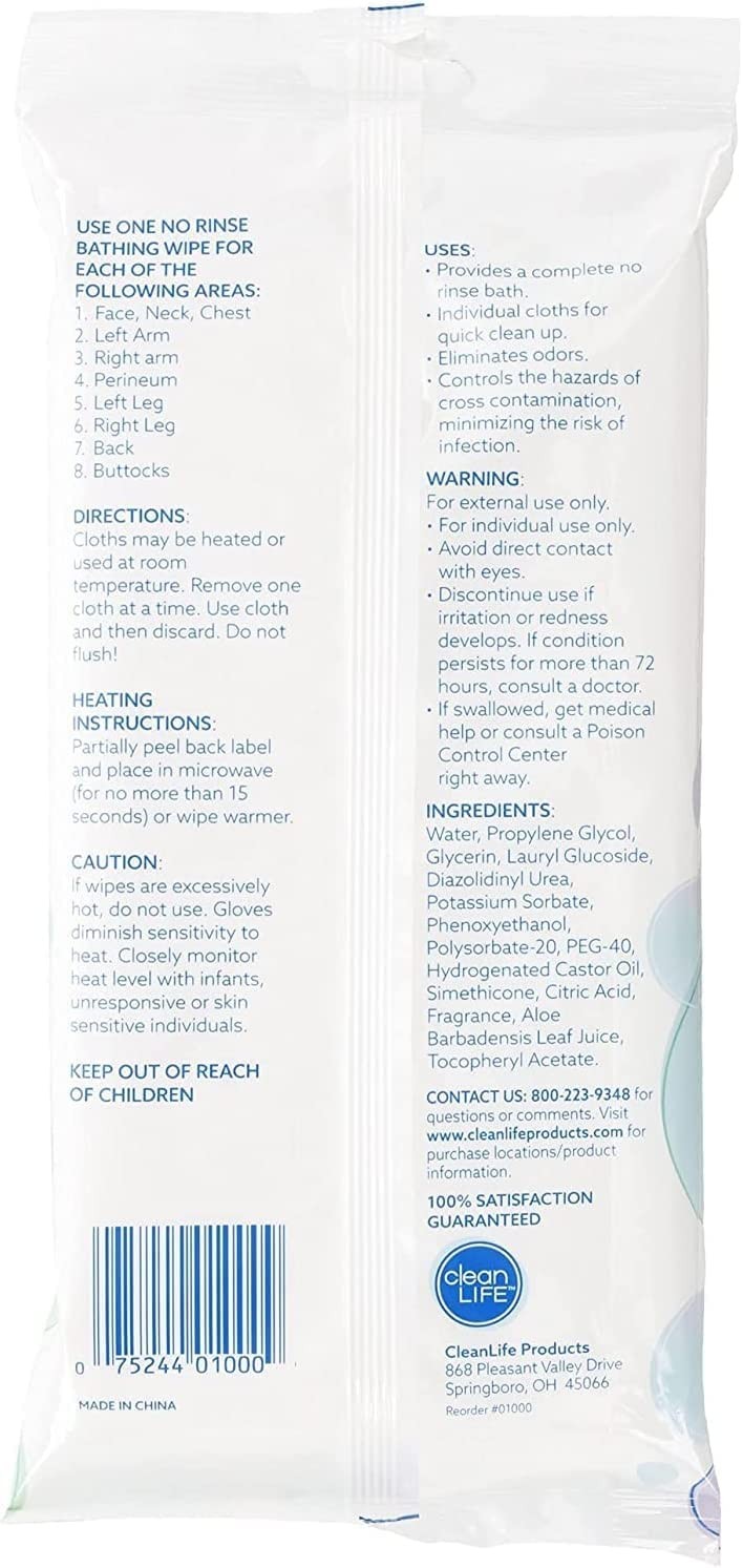 Cleanlife No-Rinse Bathing Wipes 8 Packs of 8 – 64 Disposable Body Wipes |