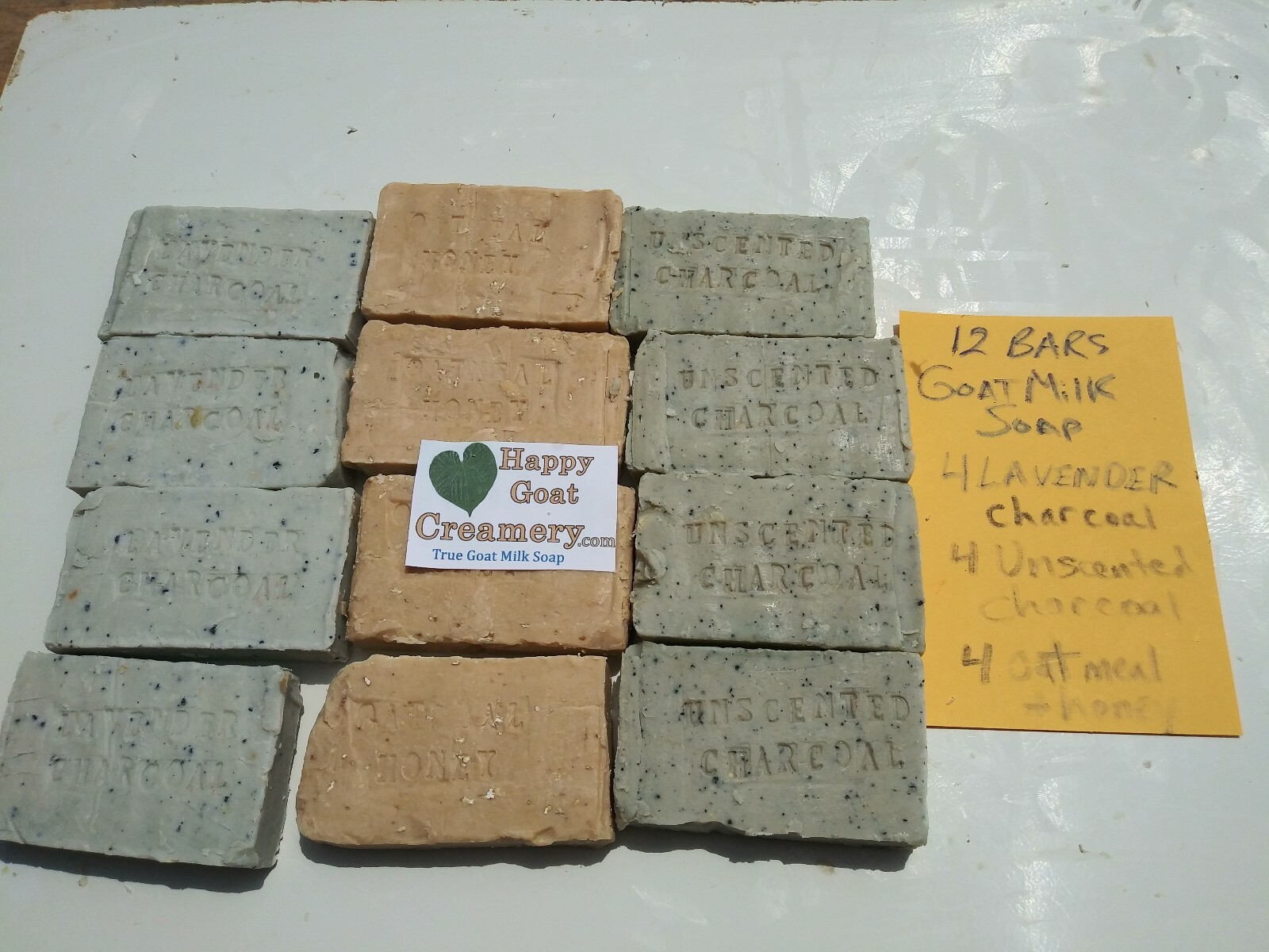 12 BARS GOAT MILK SOAP 4 LAVENDER CHARCOAL 4 OAT & HONEY 4 UNSCENTED CHARCOAL