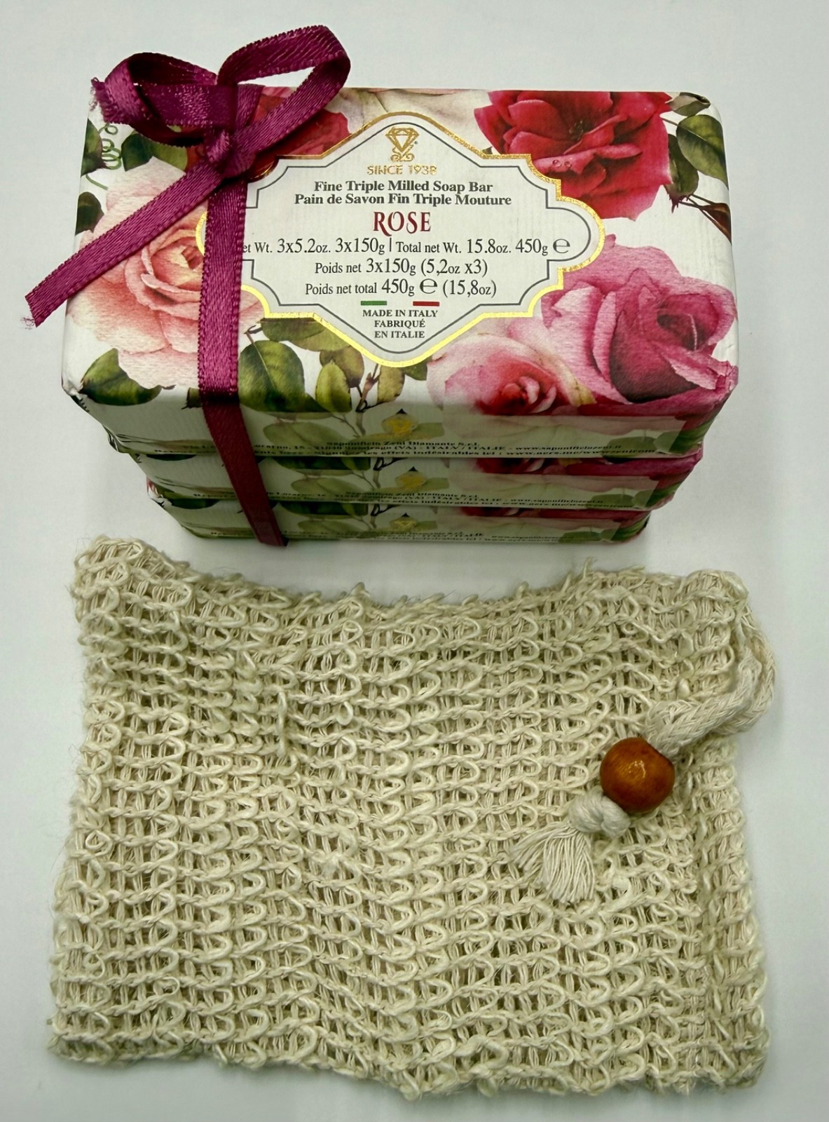 Zeni Rose Triple Milled Soap Bars 3x 5.2oz Made in Italy Total 15.8oz + 1 Bag