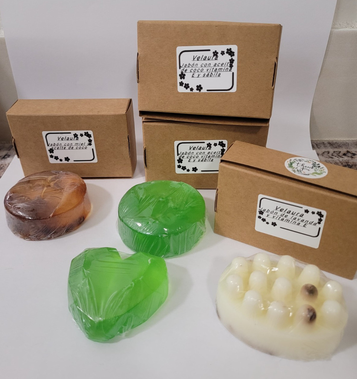 artisanal soap,2 Coconut oil, vitamin E & aloe vera soaps 1 Honey & coconut oil
