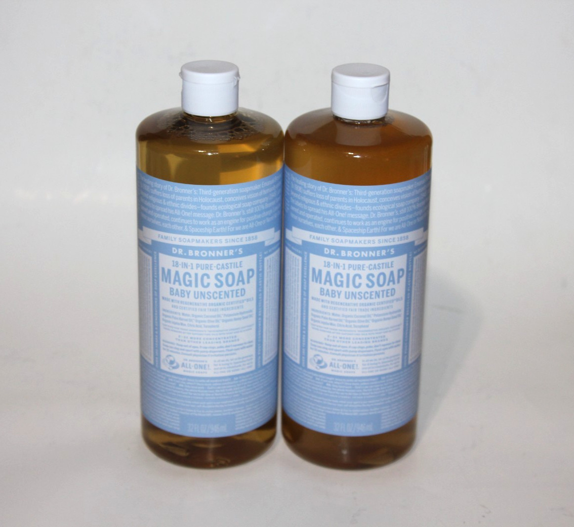 (2) DR BRONNER’S MAGIC SOAP BABY BODYWASH UNSCENTED 18-IN-1 PURE-CASTILE 32FL OZ