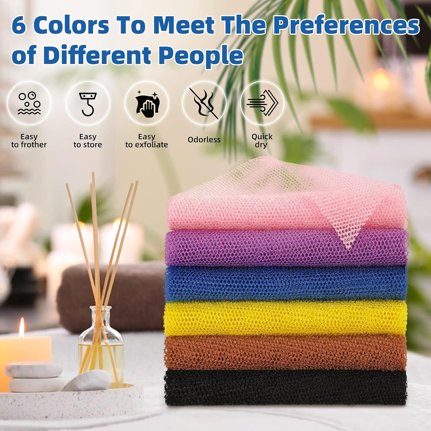 BHYTAKI 6 Pieces African Net Sponge A-6, Black+blue+brown+pink+yellow+purple