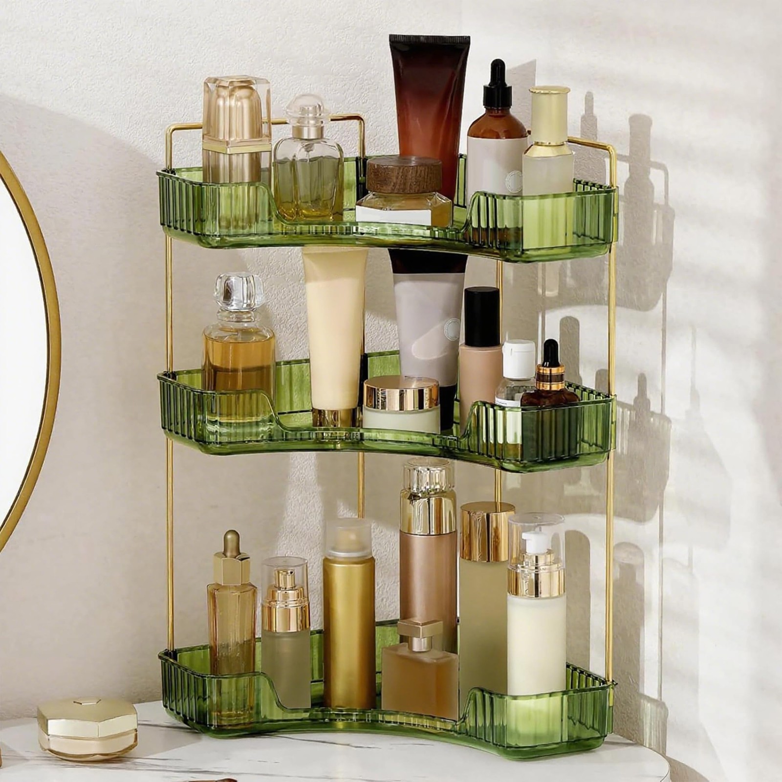 INVSSENE Corner Bathroom Organizer Vanity Tray – Green/Gold, Easy Assembly