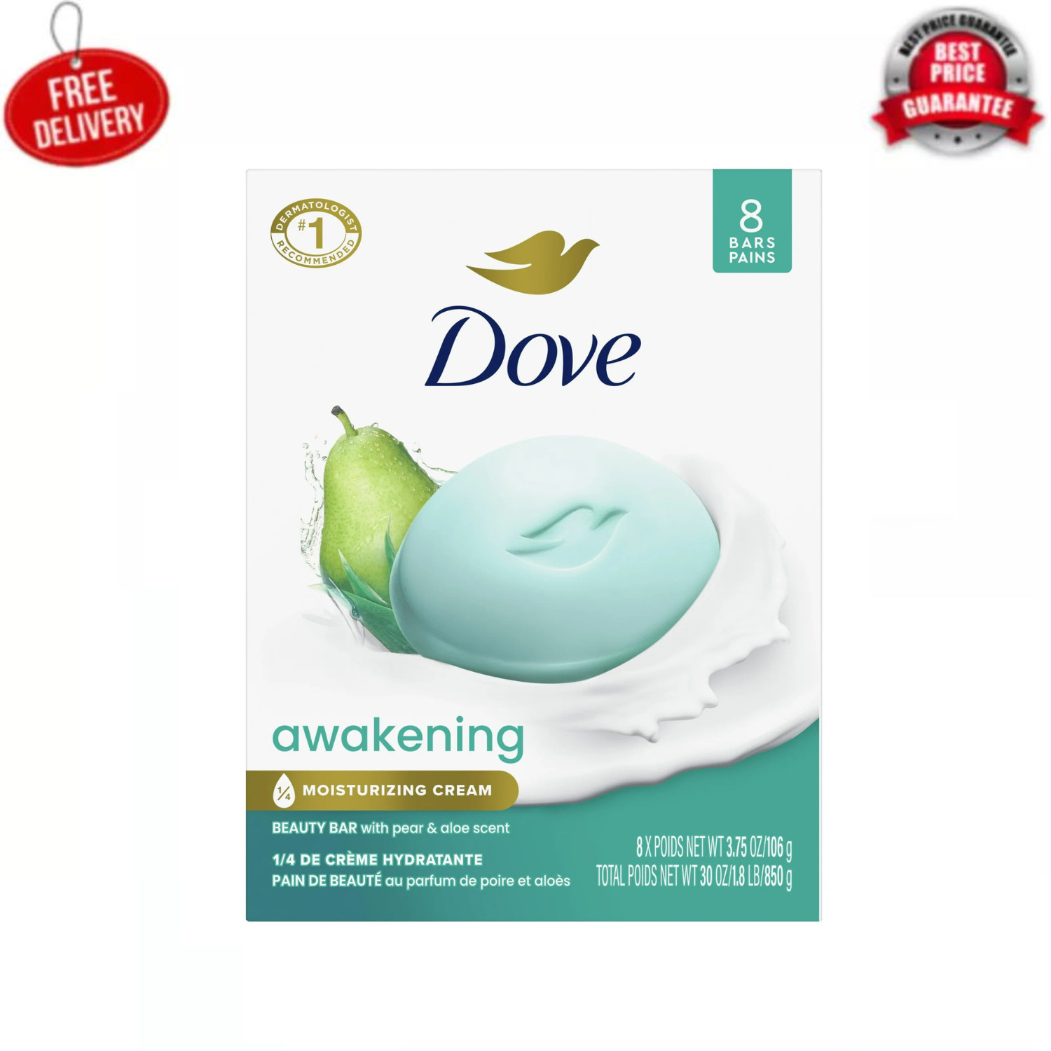 Dove Awakening Gentle Beauty Bar Soap All Skin Type, Pear and Aloe, 3.75 oz NEW