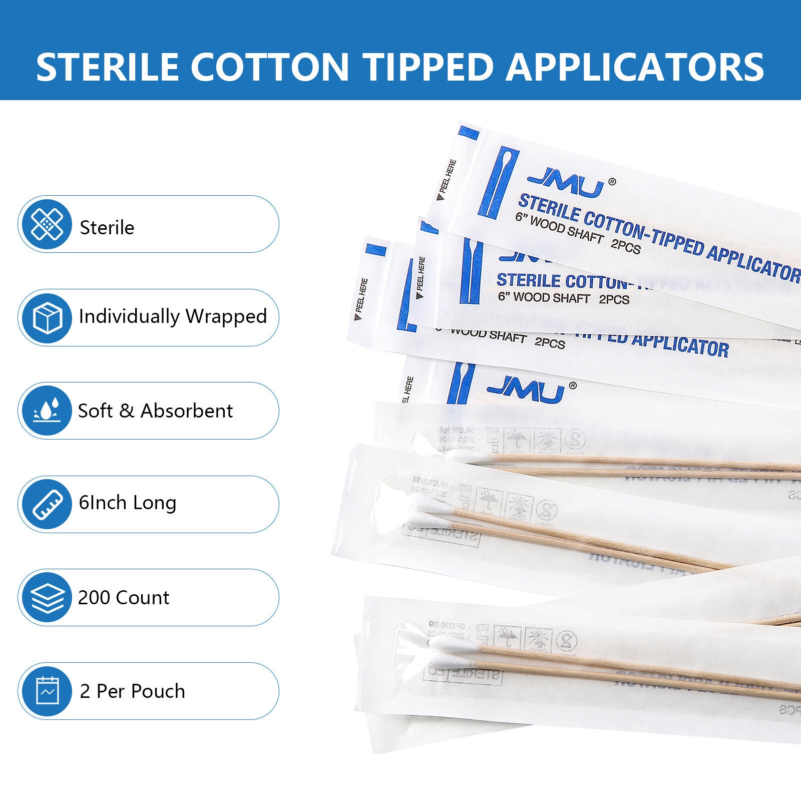 JMU 6″ Sterile Cotton Tip Applicator, Up to 10000 Wood Swab Stick Medical Makeup