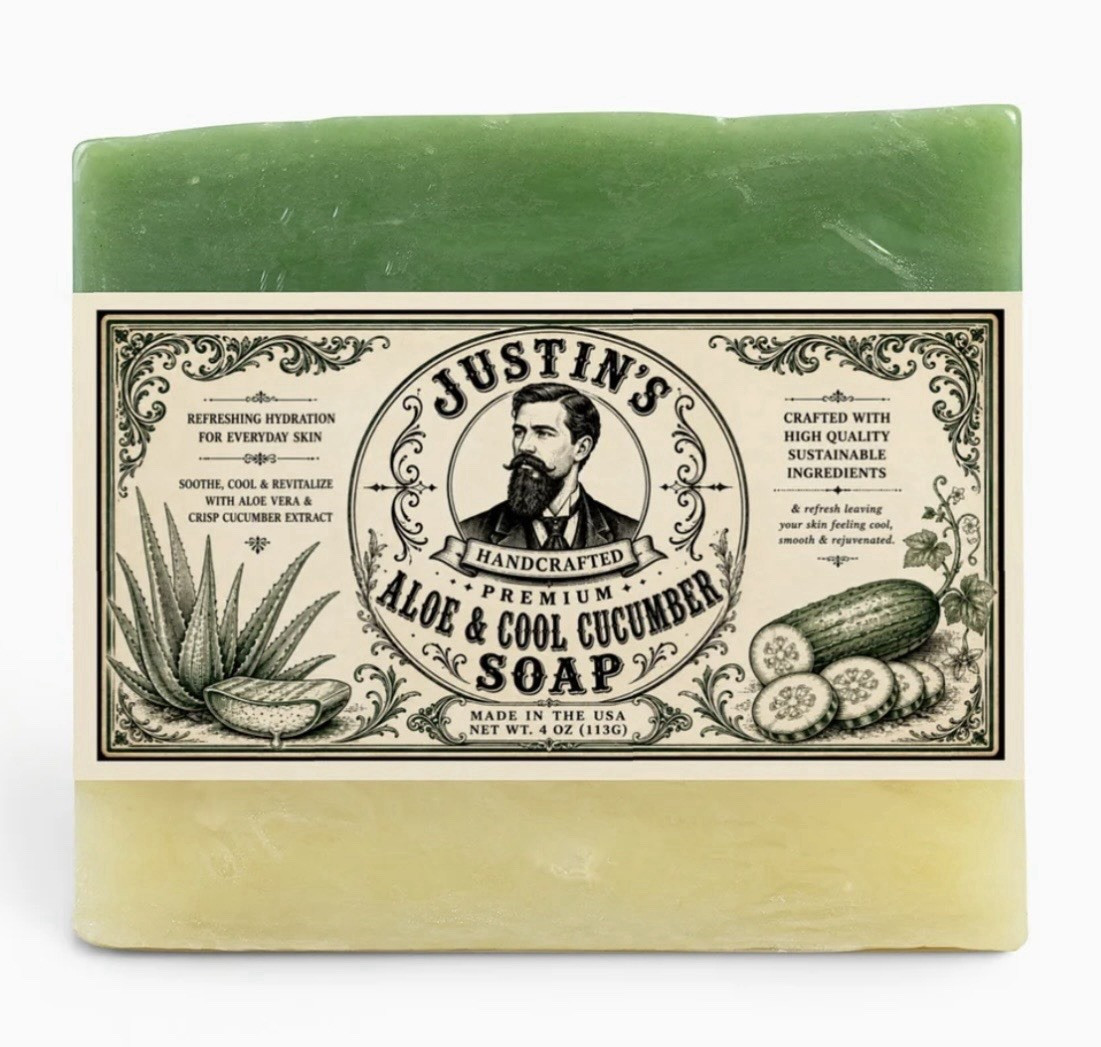Justin’s Handcrafted Premium Body Bar Soap, Aloe & Cool Cucumber Scent, 4 oz