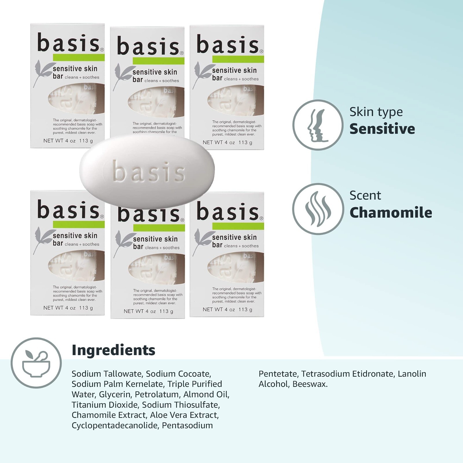 Basis Sensitive Skin Bar Soap – Cleans and Soothes Pack of 6