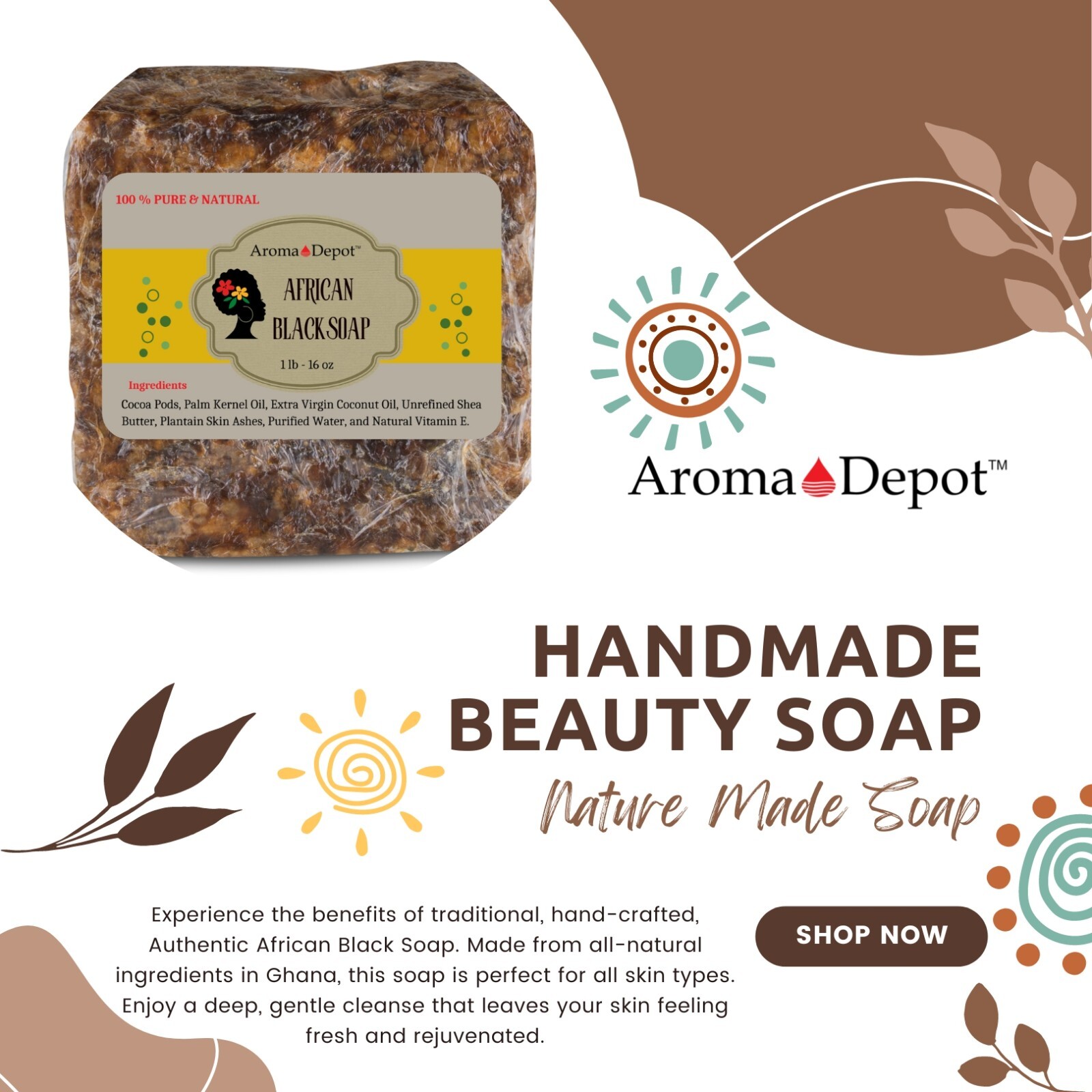 Raw African Black Soap 1 lb. Bar Organic 100% Natural Pure Unrefined From Ghana