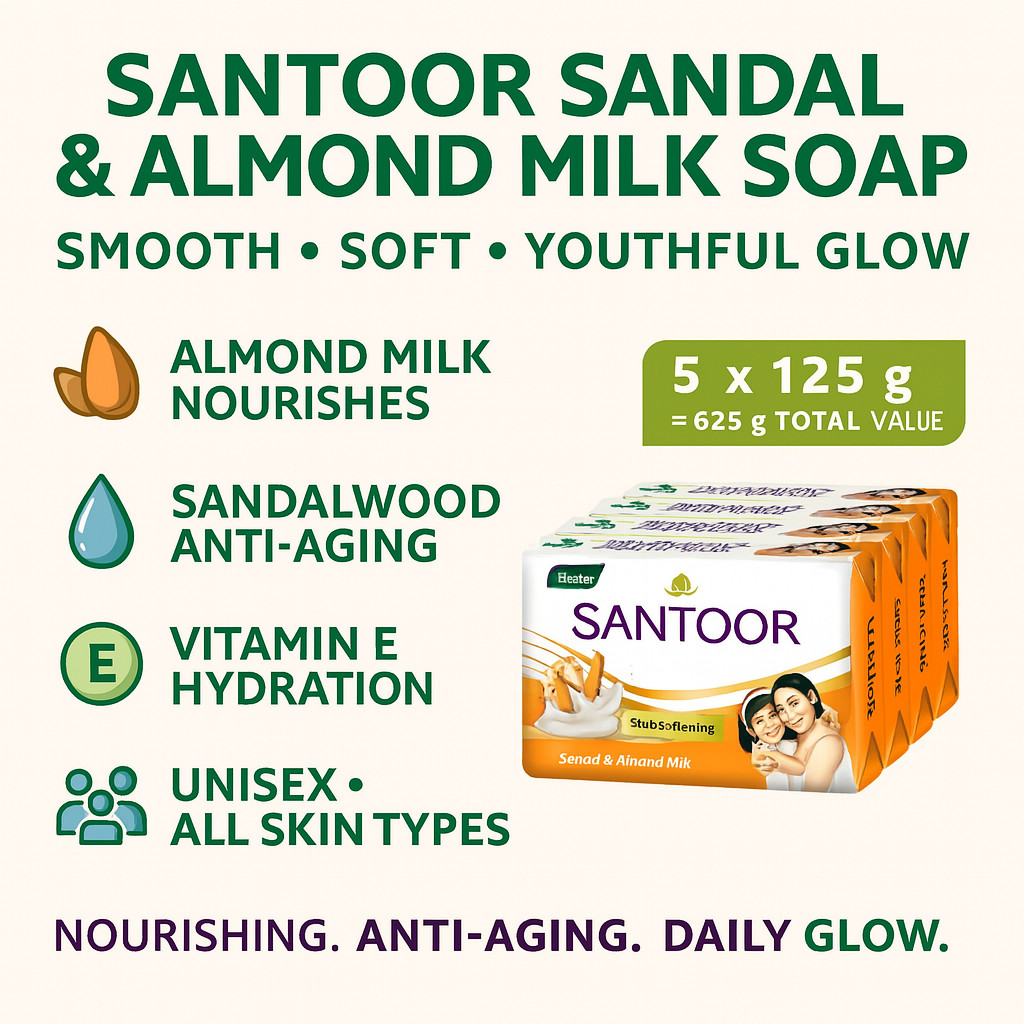 Santoor Sandal & Almond Milk Soap 125 g × 5 – Smooth, Soft, Anti‑Aging…