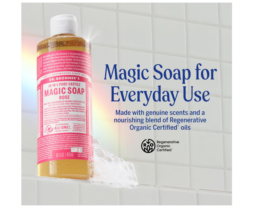 Dr. Bronner’s Magic Soap – Rose – Pure-Castile Liquid Soap – 32 fl oz x 4-pack