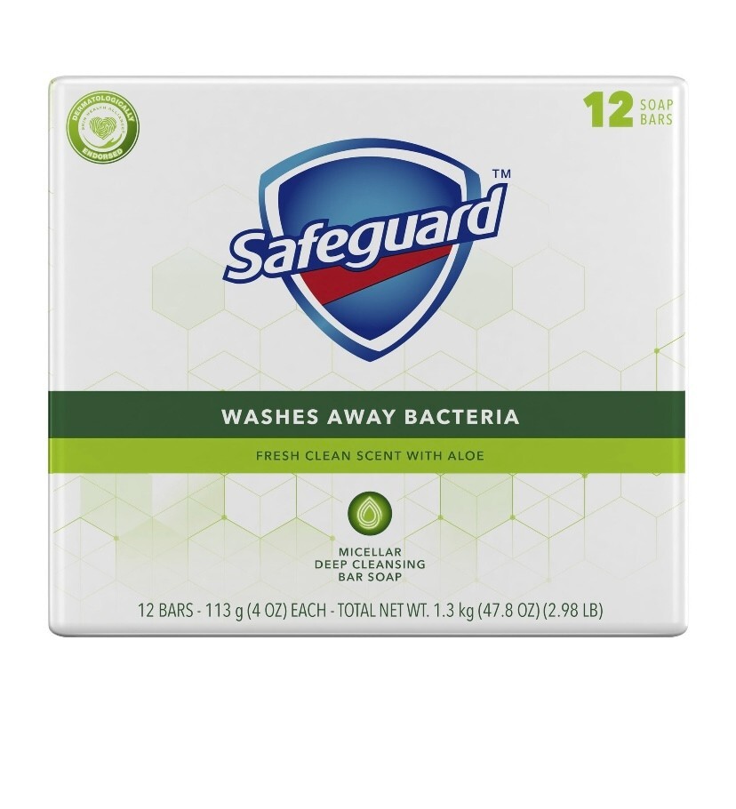Safeguard Antibacterial Bar Soap, White with Aloe, 4 Oz Bars (Pack of 12)