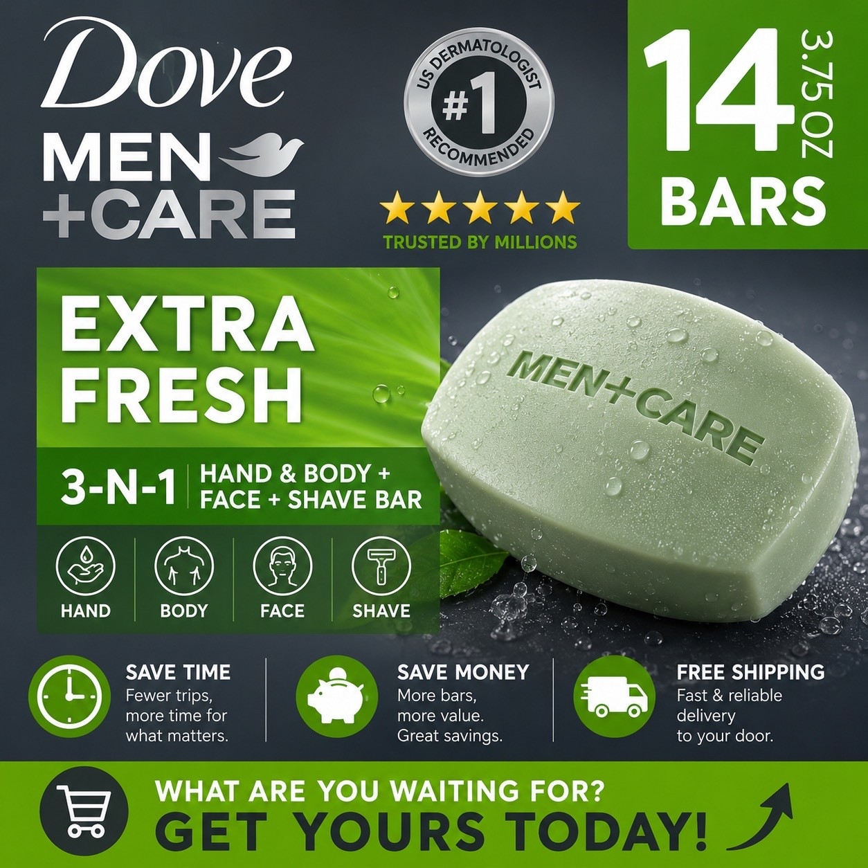 Dove Men+Care Bar 3 in 1 Cleanser for Body, Face, and Shaving Extra Fresh 14 Bar