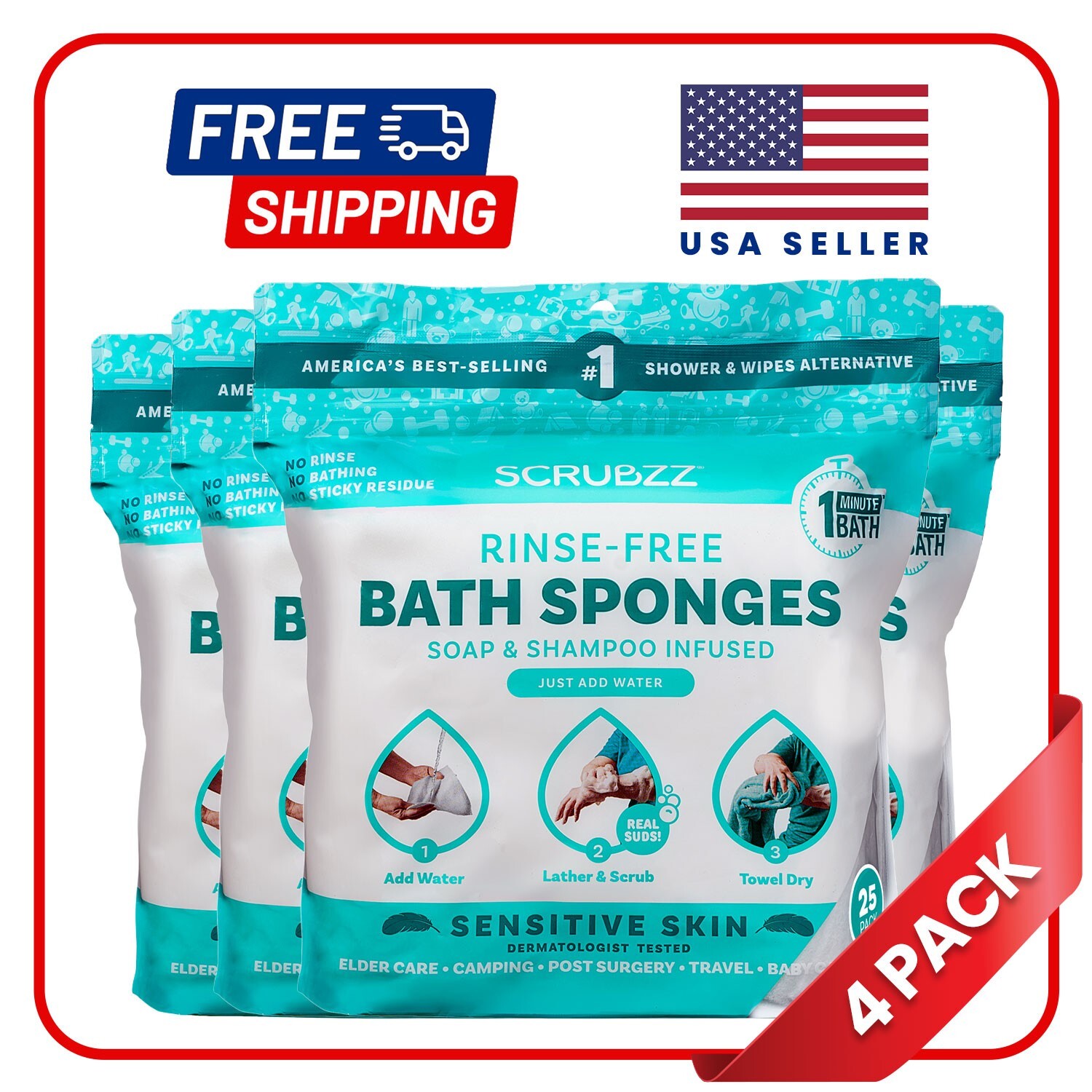 Scrubzz Disposable Rinse Free Bathing Sponges – Sensitive Skin, 100 Count