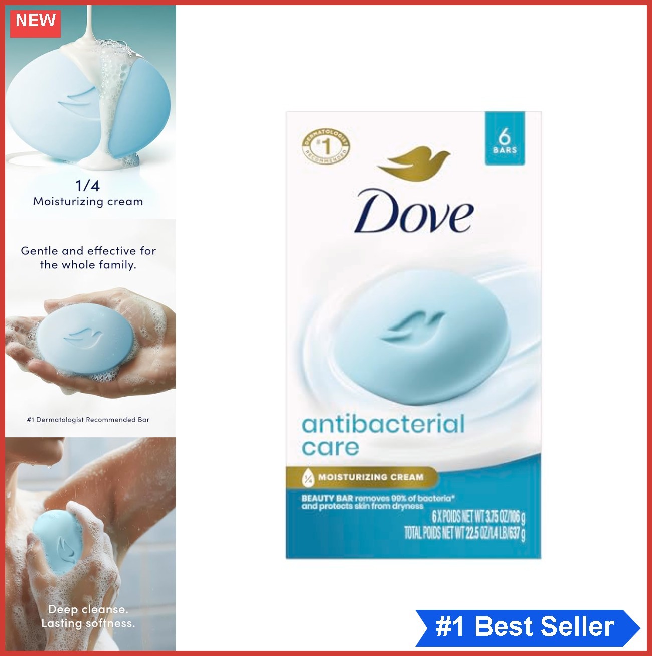Antibacterial Beauty Bar Soap 6 Count 3.75 oz Moisturizing Body Cleanser Gentle
