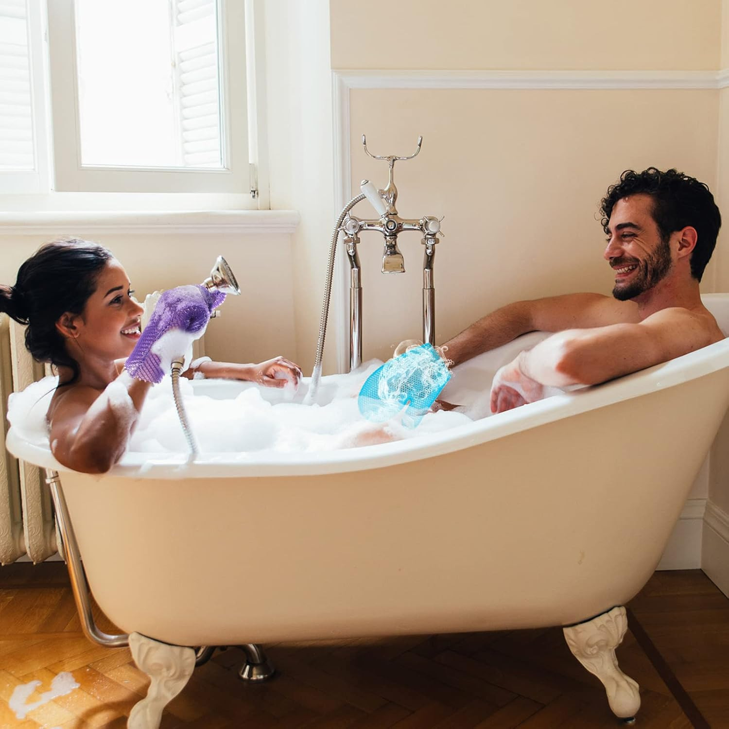 2 Pcs Honeycomb Exfoliating Glove Bath Mitt Body Spa Scrubber, Blue,purple