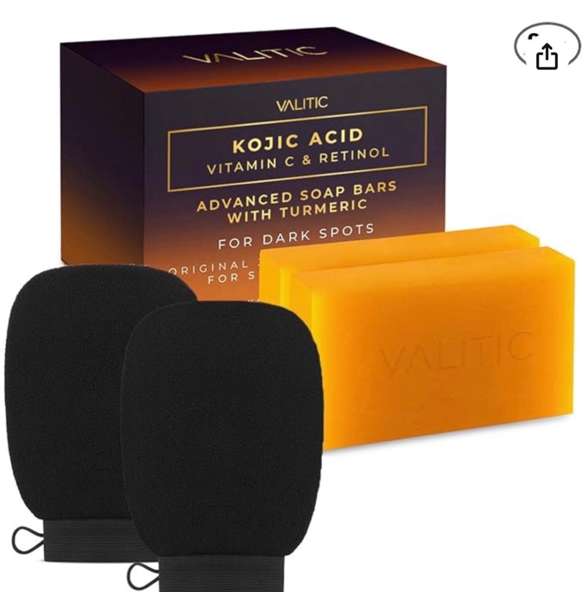 VALITIC 2 Pack Kojic Acid Soap Vitamin C Retinol + 2 Exfoliating Gloves