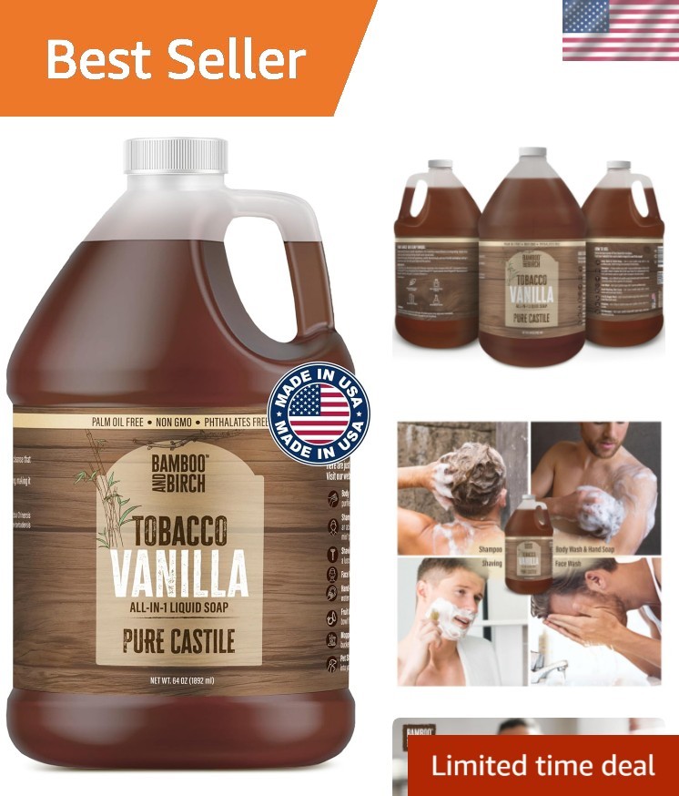 64 oz Pure Castile Liquid Soap – Palm Oil Free with Tobacco Vanilla Scent