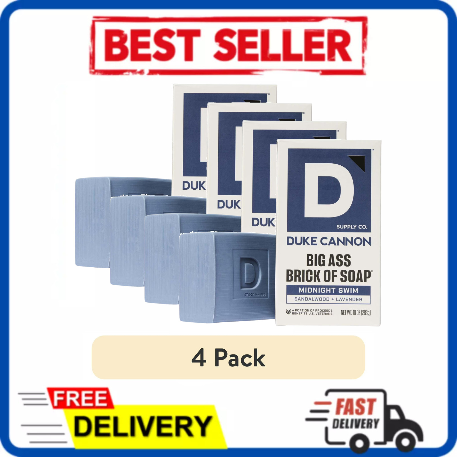 4 Pack Duke Cannon Mens Bar Soap Big Ass Brick Midnight Swim Fresh Shower 10 oz