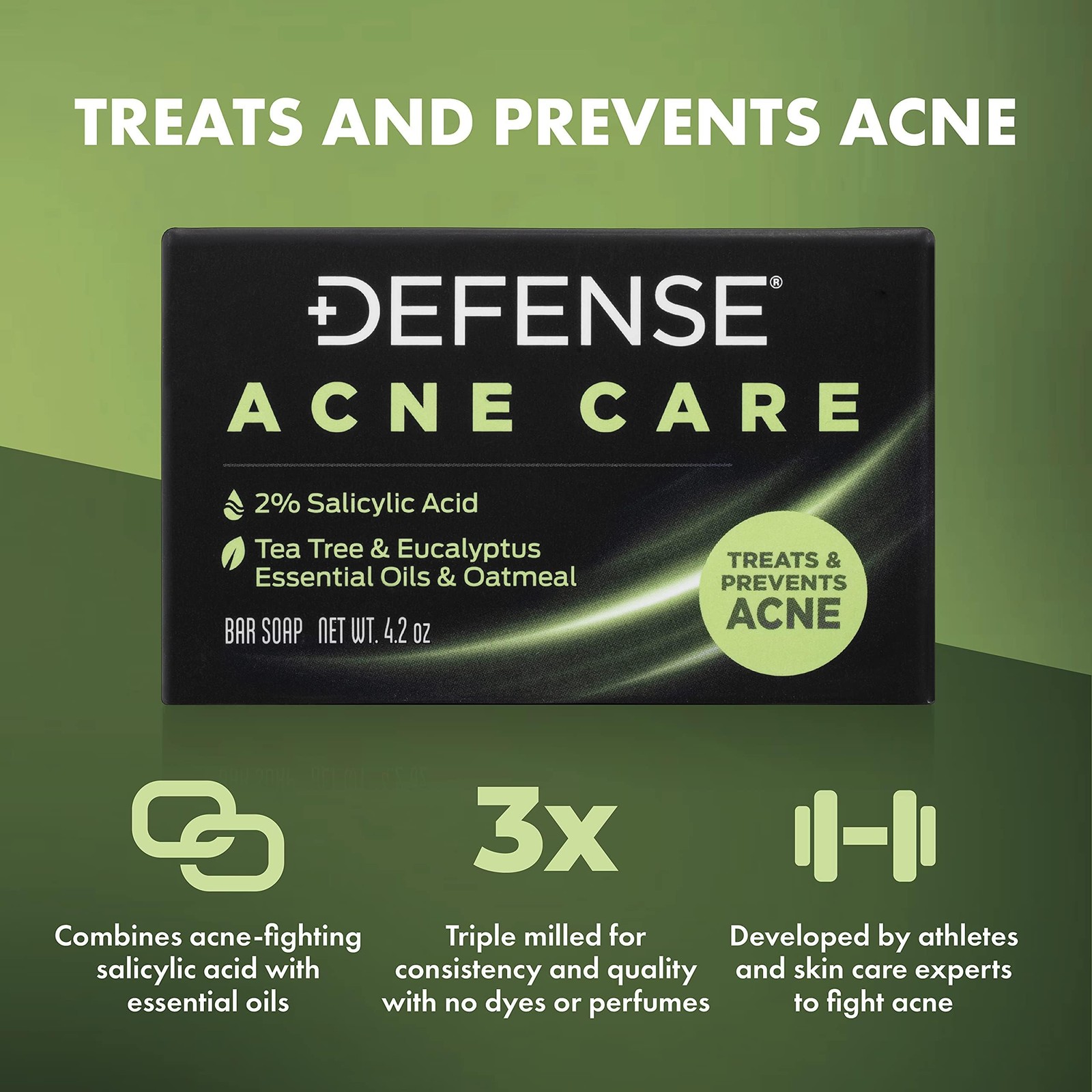 Defense Acne Care Bar Soap 4.2oz | contains 2% Salicylic Acid, Tea Tree & Euc…