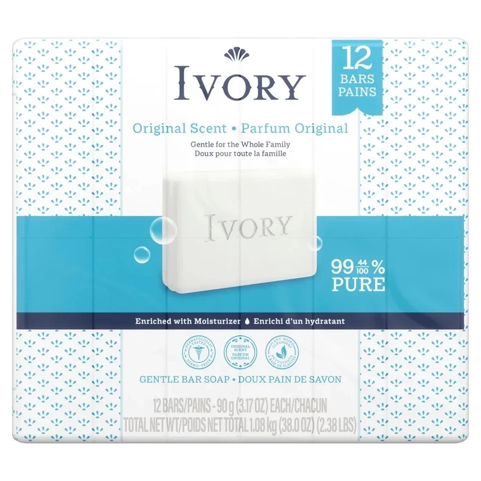 Ivory Bar Soap Original Scent, For All Skin Types, 12 Pack, 3.17 oz Each