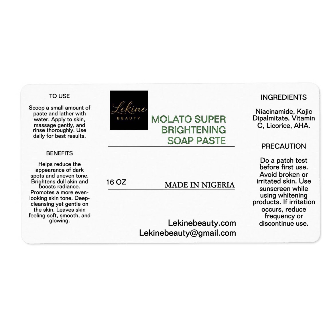 Lekine Beauty Molato Super Brightening Whitening Soap Paste 16 oz Nigeria