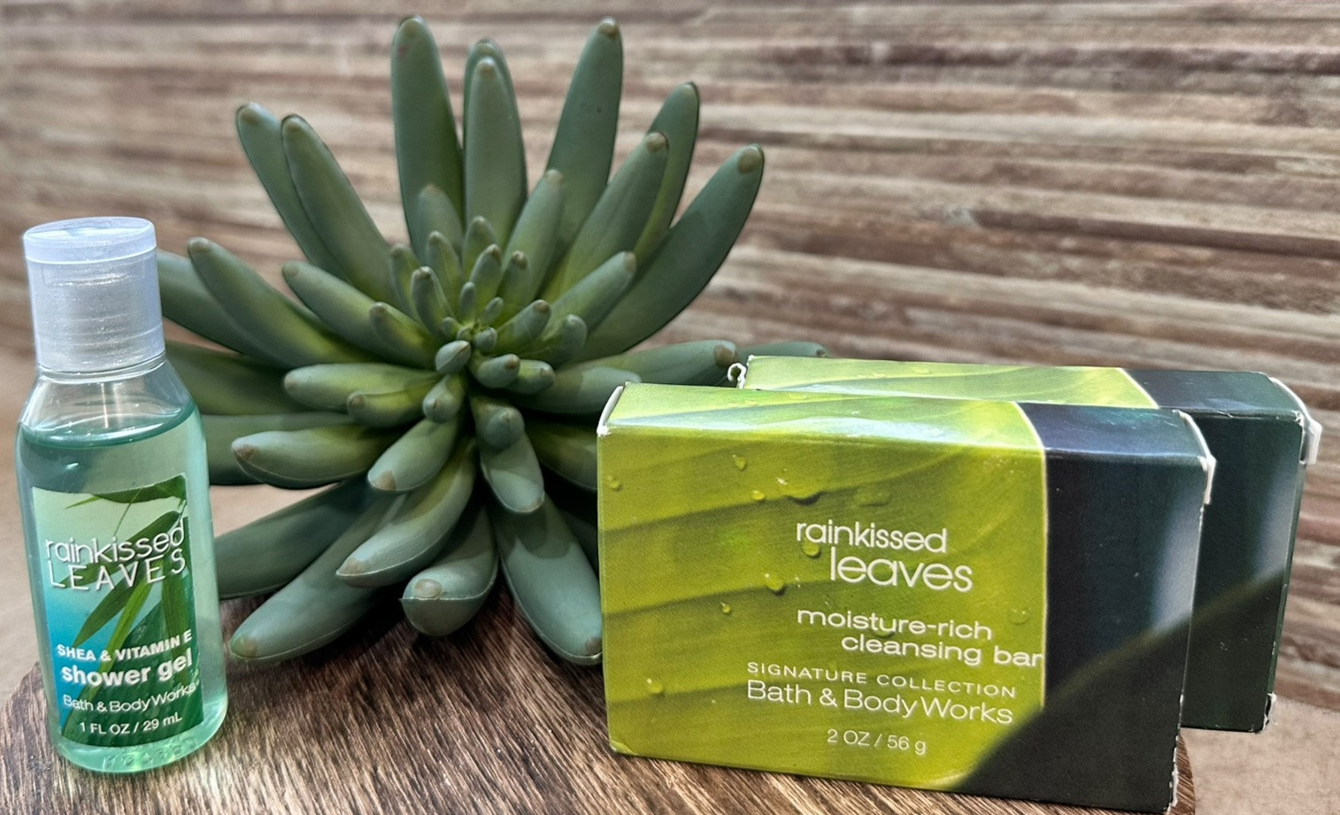 3~Bath & Body Works RAINKISSED LEAVES Bar Soap 2oz Travel Lotion 1 oz