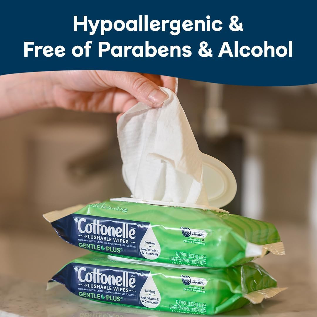 Gentleplus Flushable Wet Wipes with Aloe & Vitamin E, 8 Flip-Top Packs, 42 Wipes