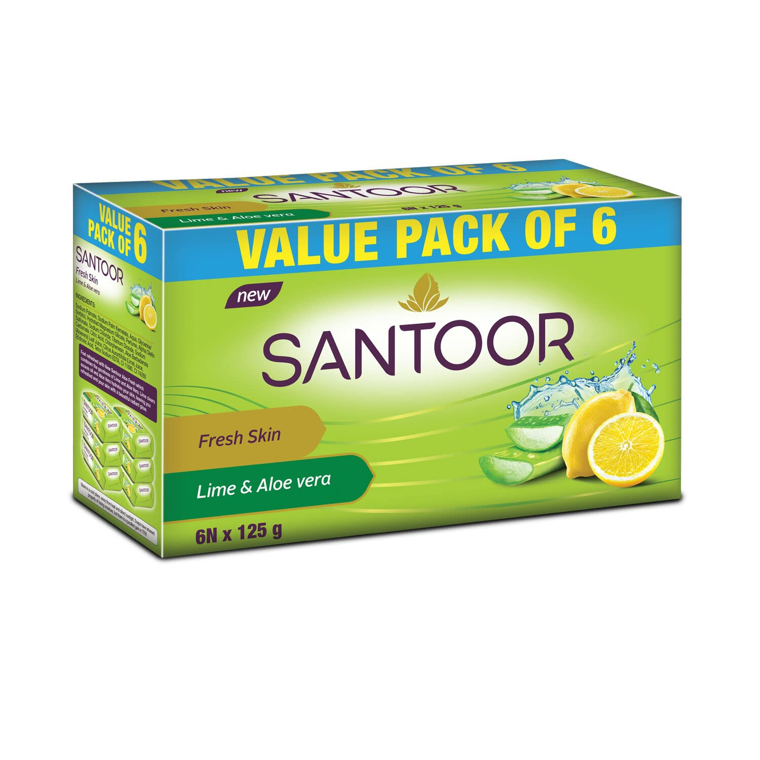 6No. Santoor Fresh Skin Aloe Vera & Lime Bathing Soap -Anti Ageing -125g -Free S
