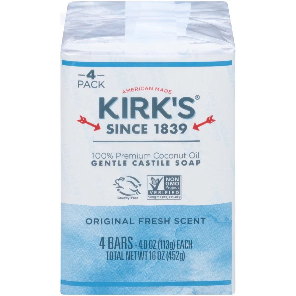 Kirk’s Castile Bar Soap – Made With Premium Coconut Oil, 4 oz. Bars, 4 Pack