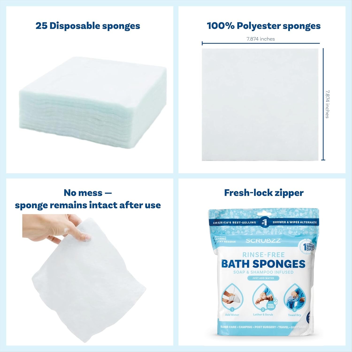 Scrubzz Rinse Free Bath Wipes 25 Count All-In-One Disposable Shower