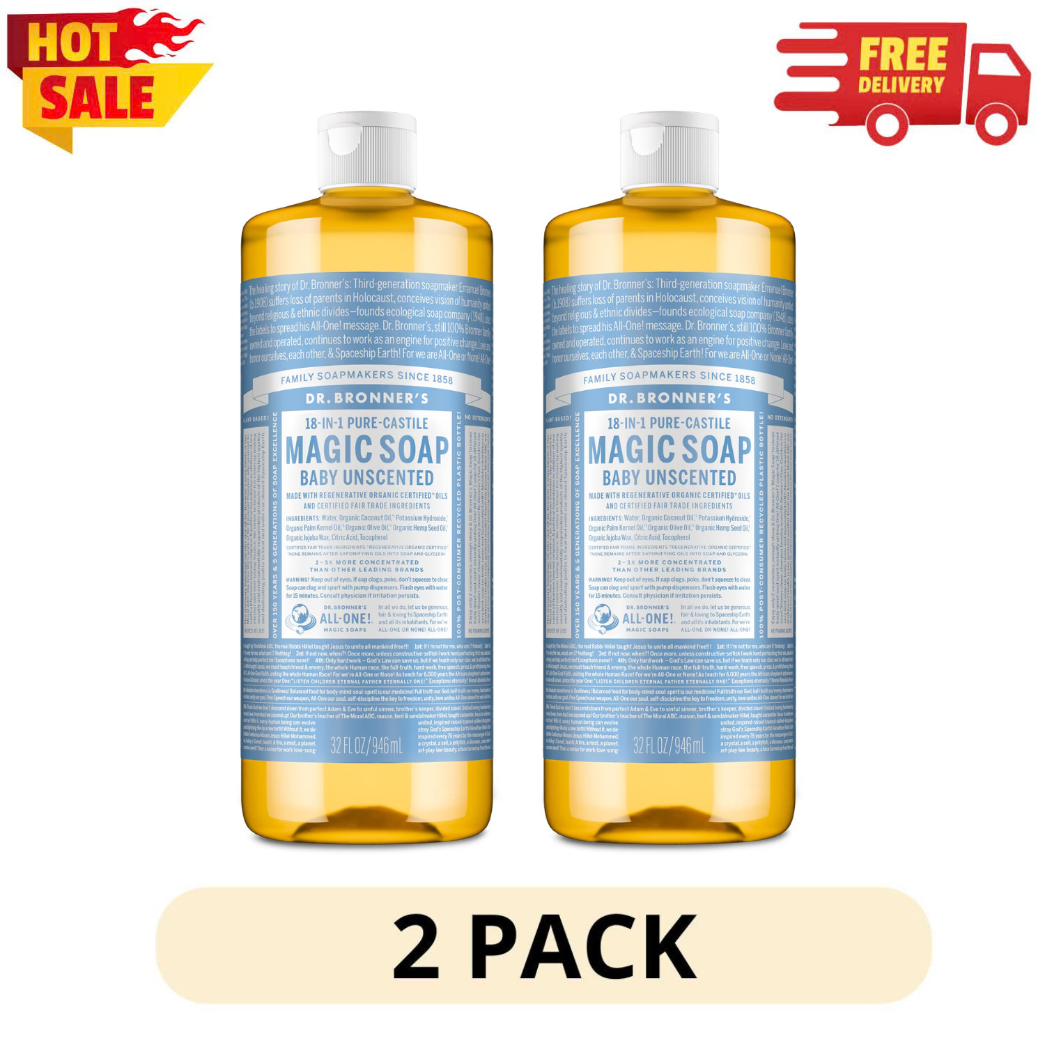 (2 Pack) Dr. Bronner’s Pure-Castile Liquid Soap Unscented, 32 oz, Baby All Ages