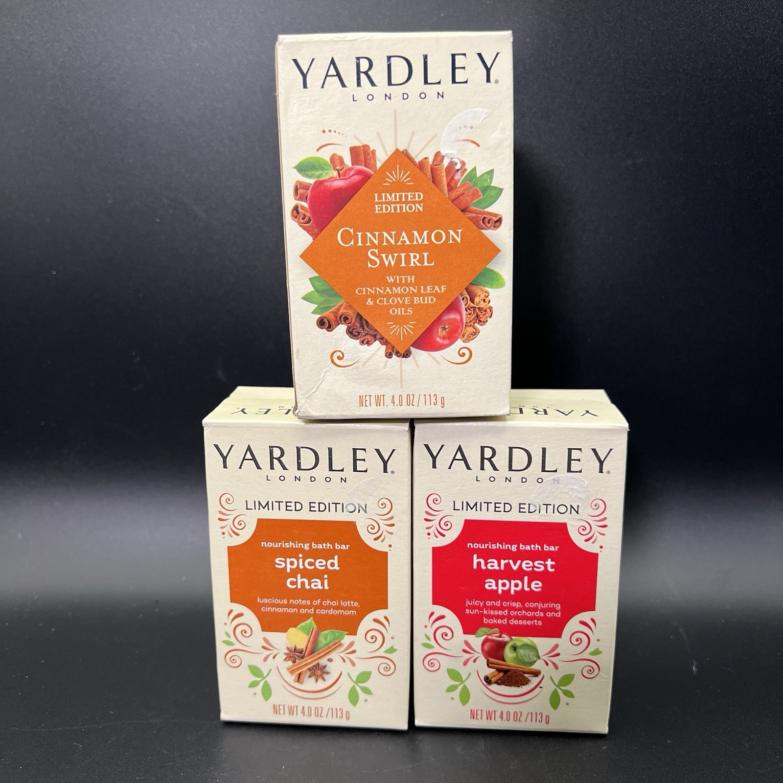 Yardley Bar Soap London Spied Chai Cinnamon Swirl Harvest Apple 4 oz SET OF 3