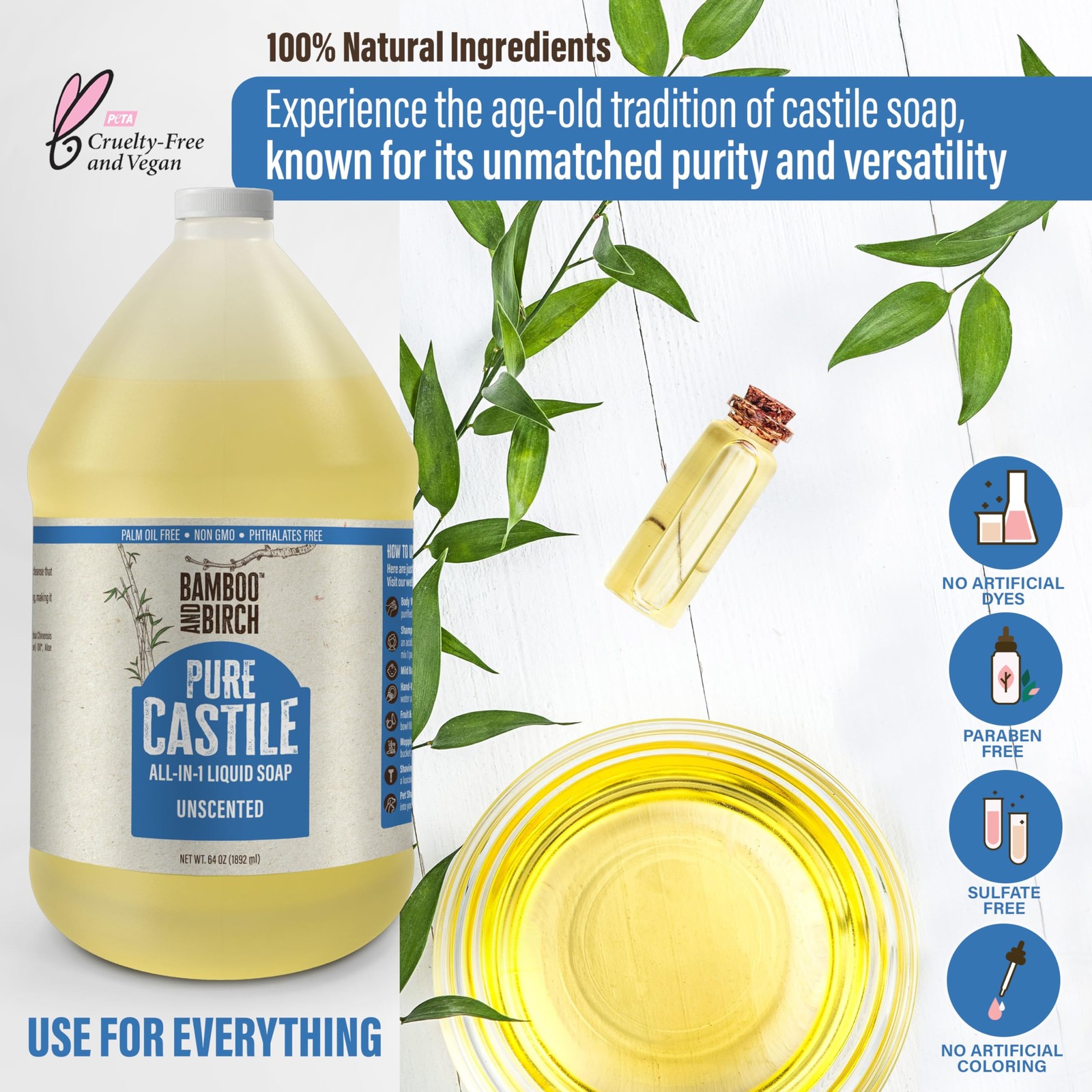 Pure Castile Soap Liquid, Unscented, 64 oz