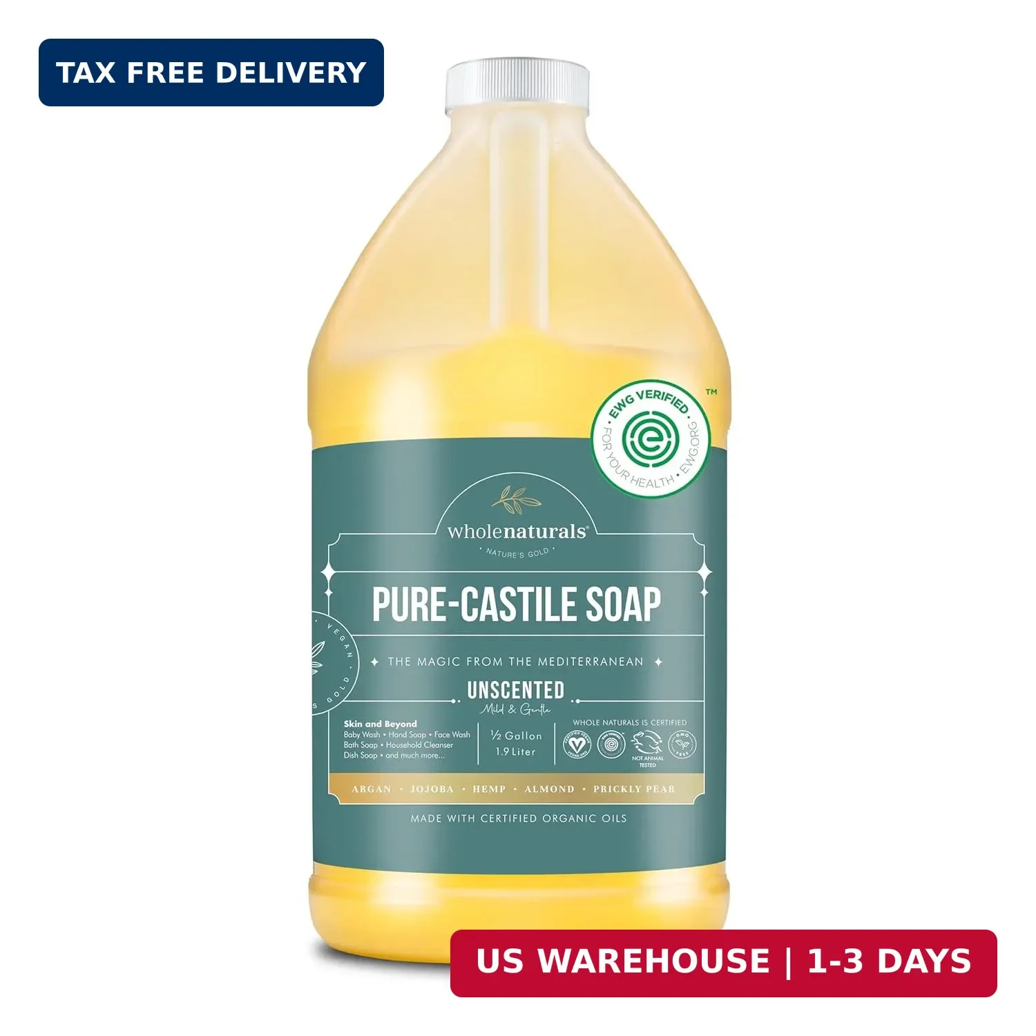 WHOLENATURALS Pure Castile Soap Liquid, EWG Verified & Certified Palm Oil Free U