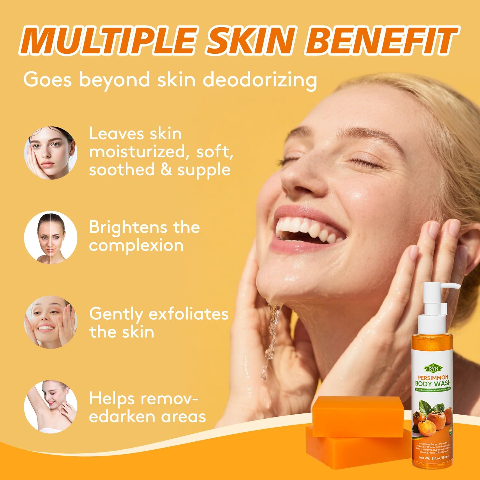 RYH 2 PCS Persimmon Soap Bar and Persimmon Body Wash for Body Odor Control, N…