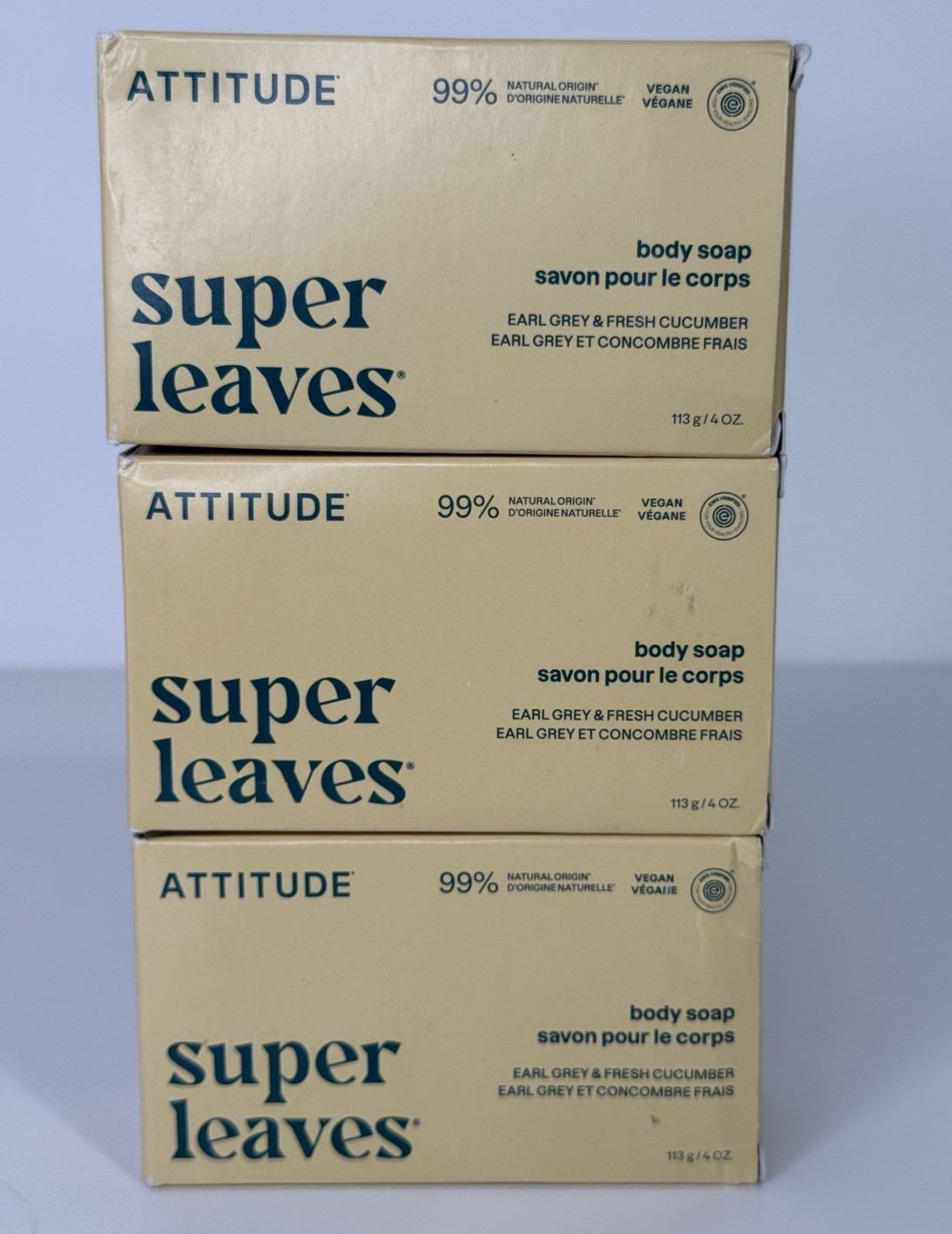 3 Attitude Super Leaves Body Soap Earl Grey & Fresh Cucumber 4 Oz Each NIB