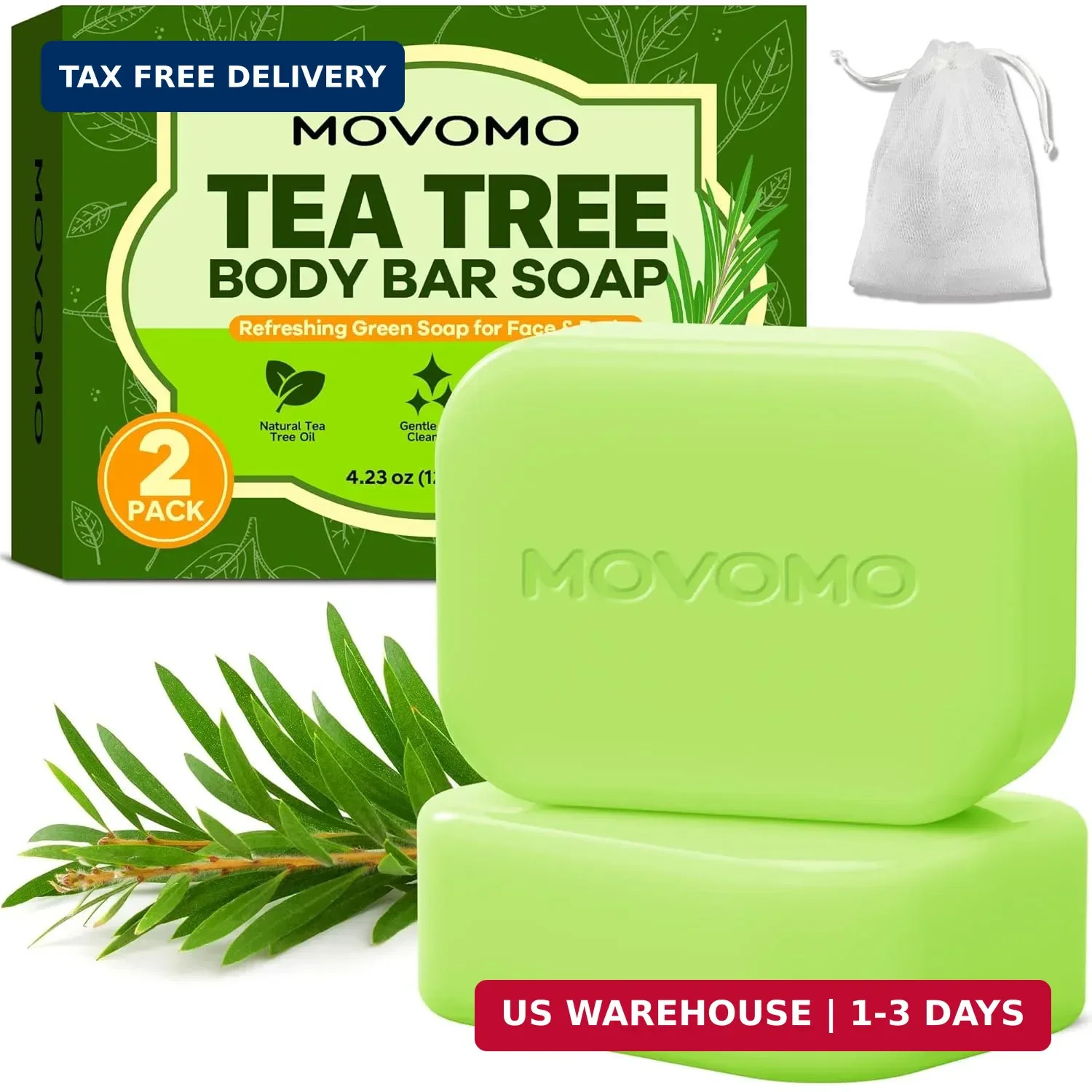 Tea Tree Body Bar Soap (4.23 Oz, 2 Pack), Natural Tea Tree Oil Soap Bar for Face