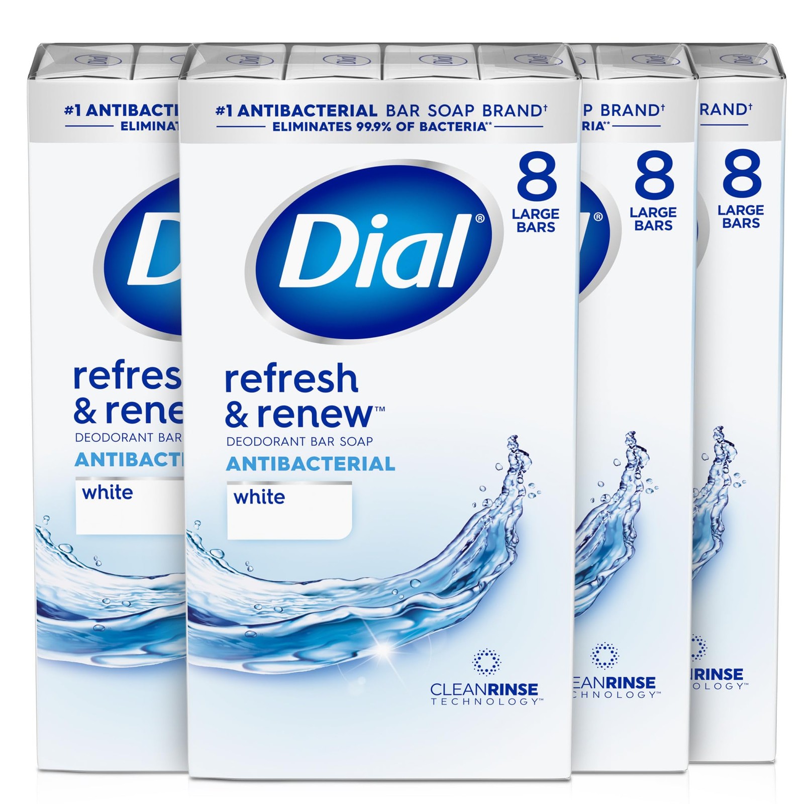 Dial Antibacterial Bar Soap, Refresh Renew, White, 4 oz, 32 Bars