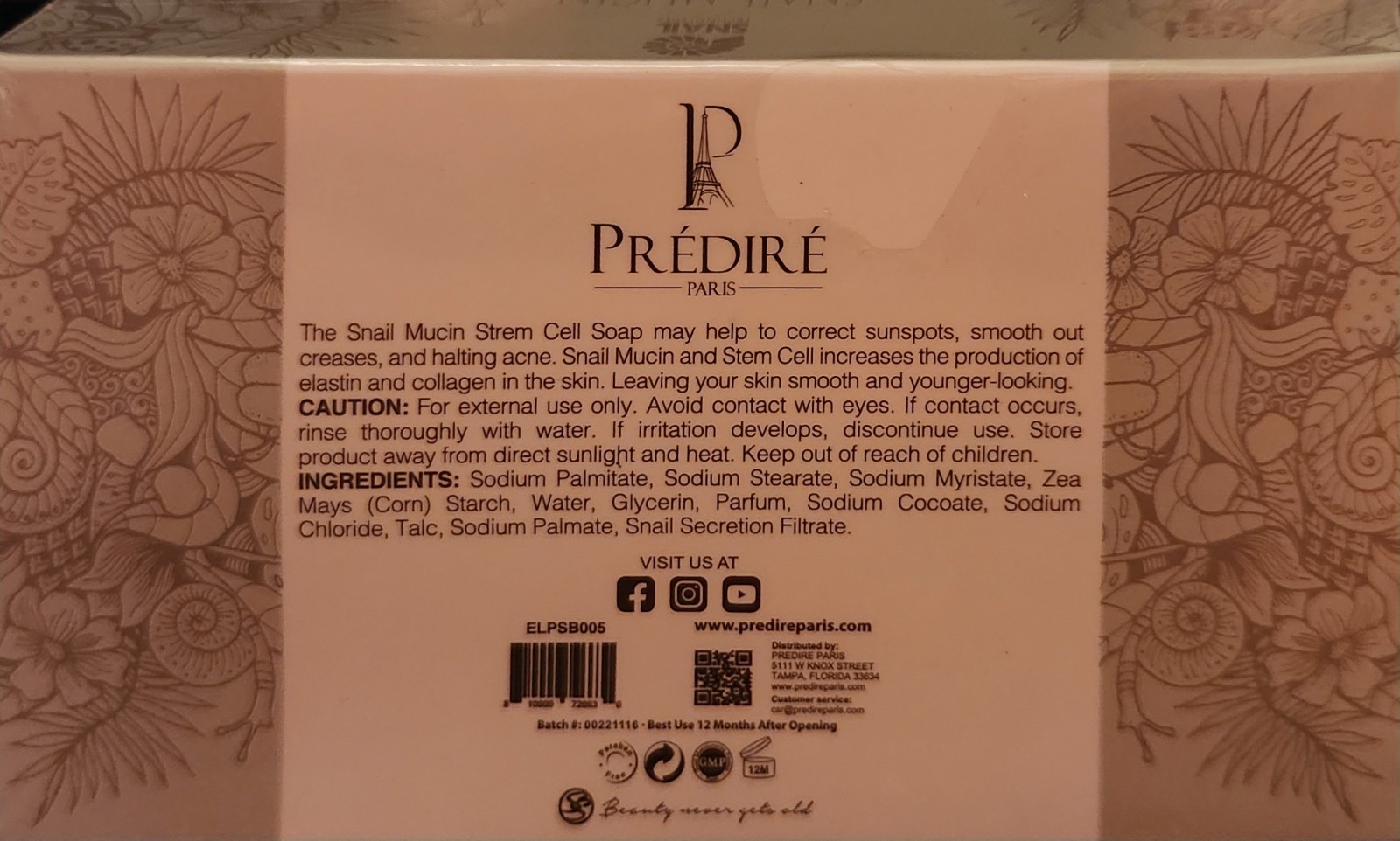Prédiré Paris Snail Mucin Soap Bar Antibacterial 6.17 oz White