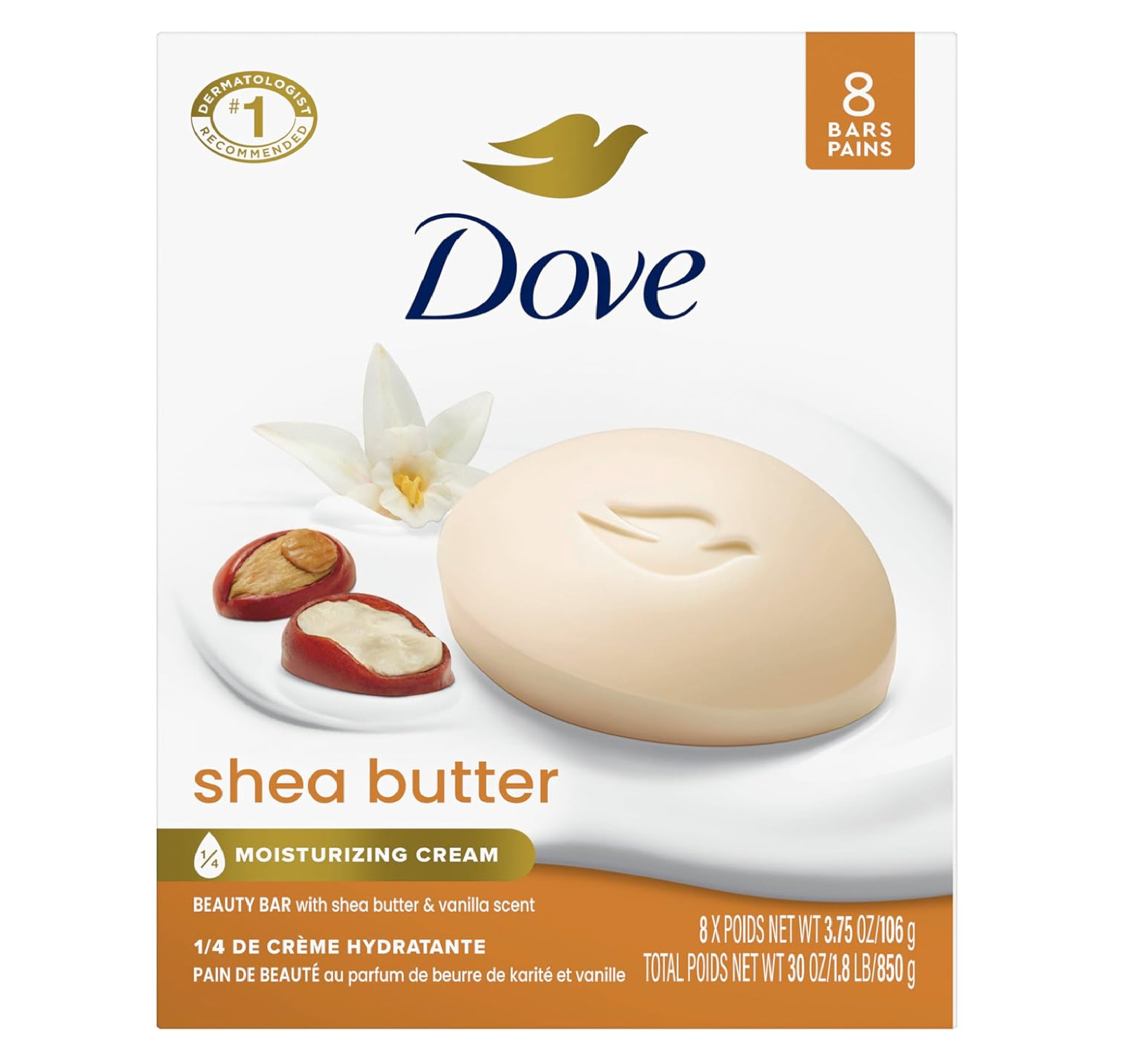Dove Beauty Bar Soap Shea Butter, 8 Bars for Nourished, Radiant Skin, Enriches S