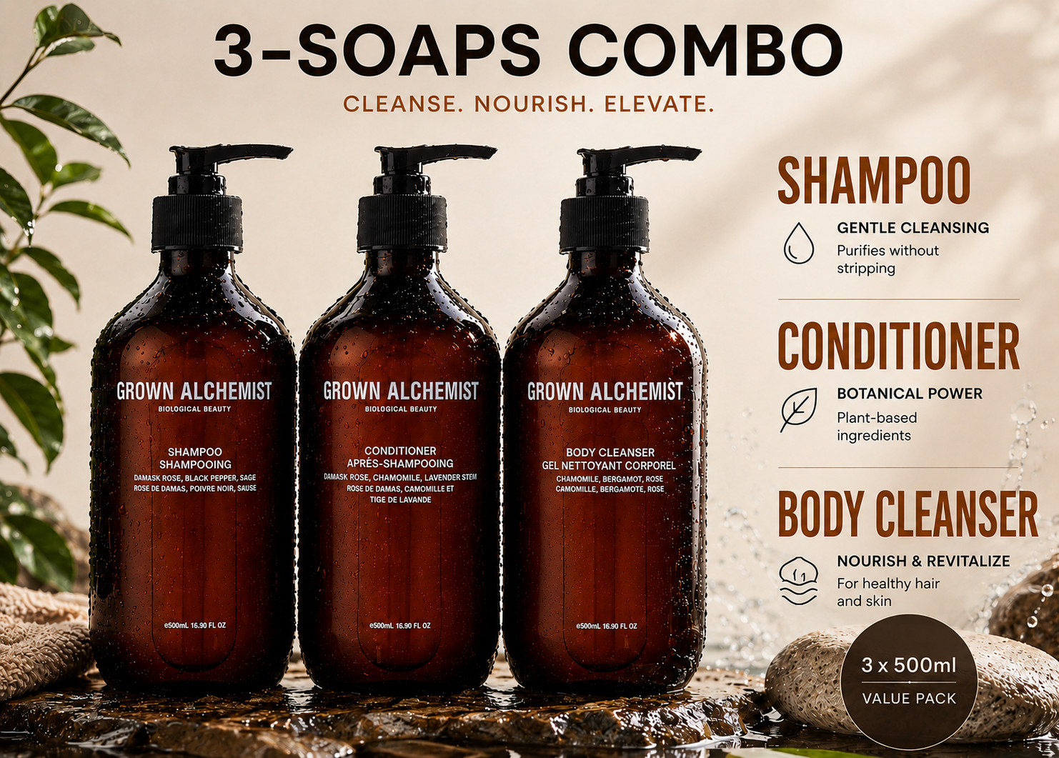 Grown Alchemist 3-Soaps Bundle 500ml – Shampoo/Conditioner/Body Cleanser
